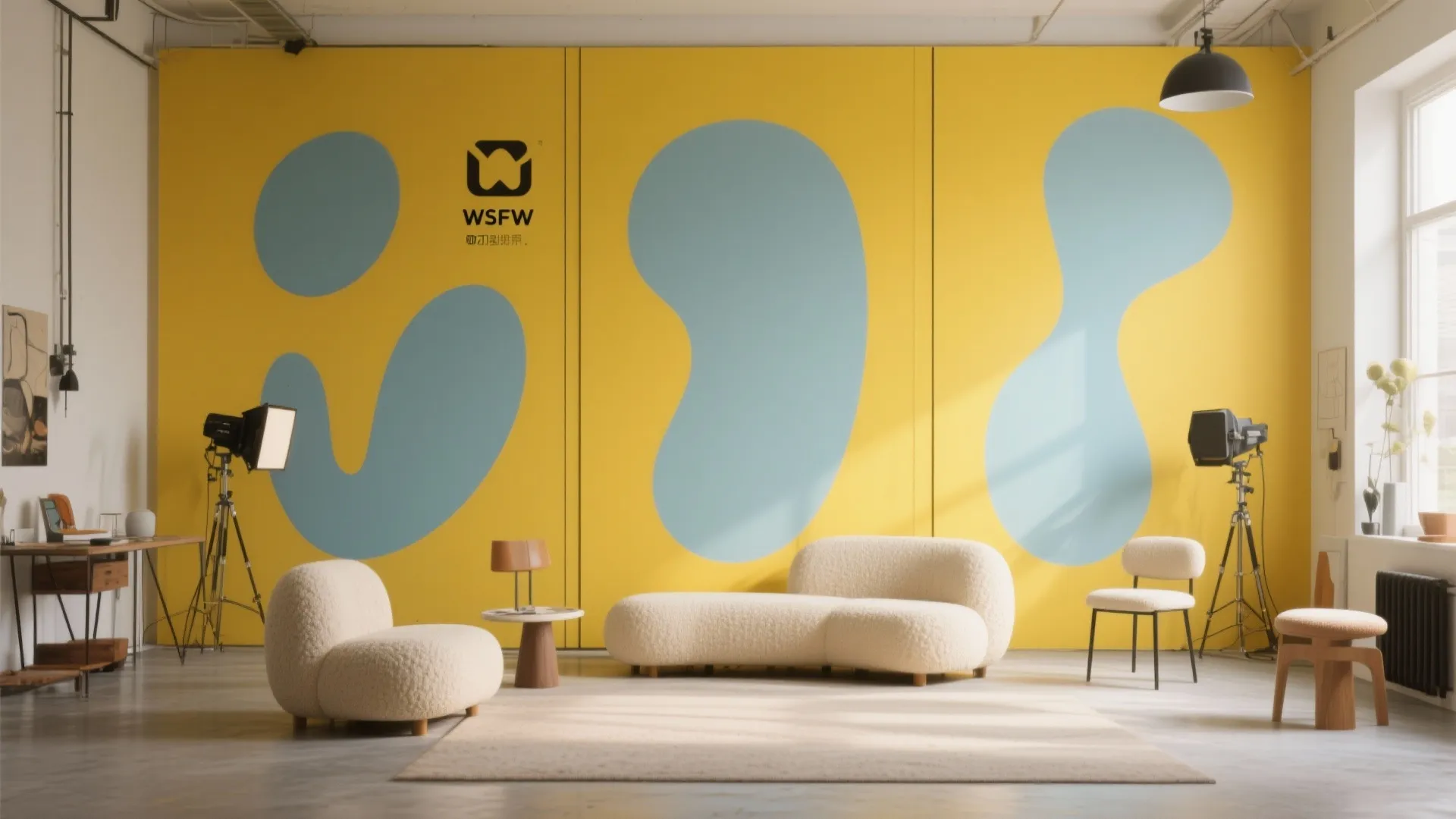 Studio room with yellow wall blue abstract shapes white sofa chair light fixture and wood desk