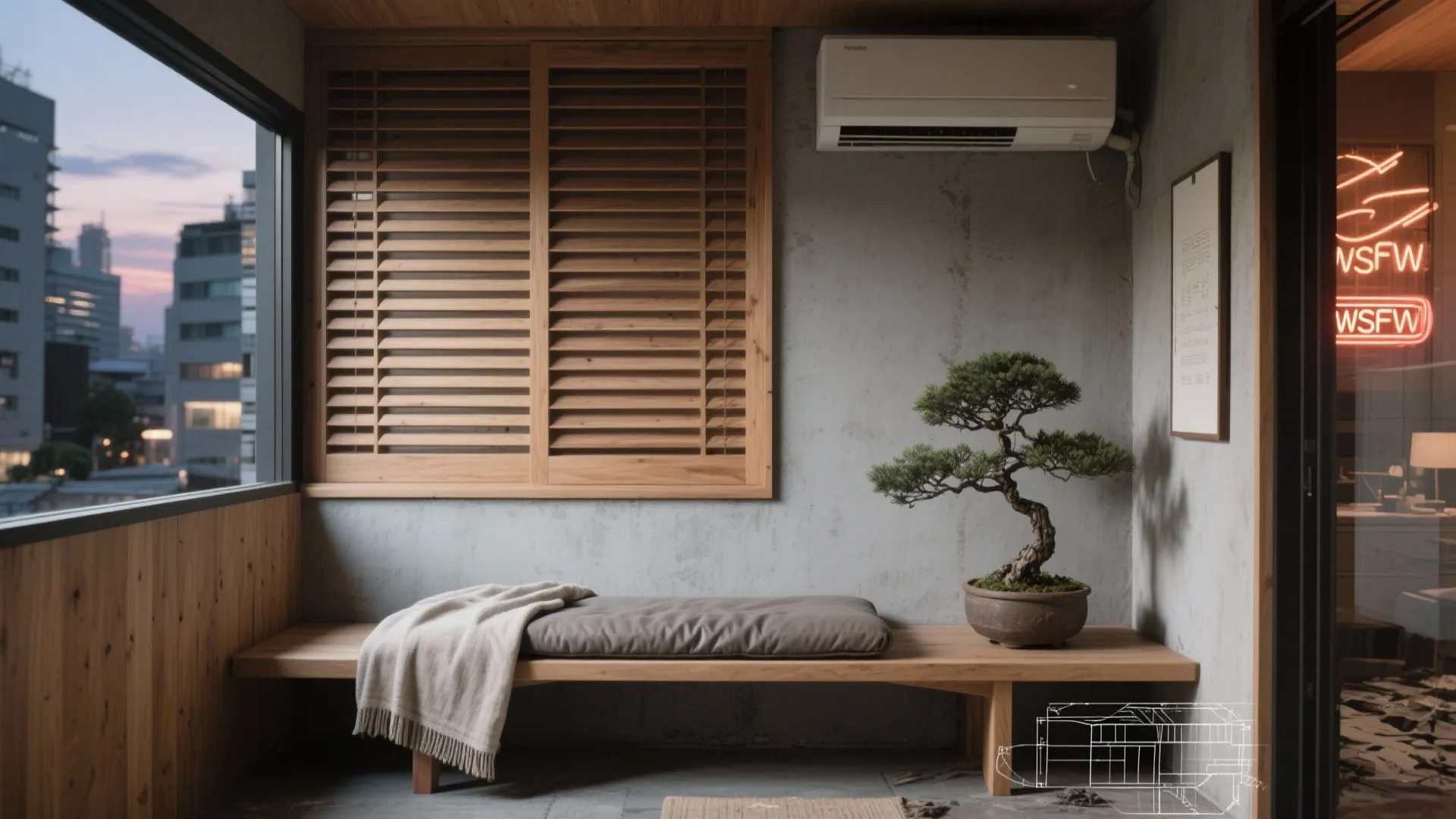 2. 室外機を“ベンチ化”して座れる場所に（収納技巧と日式風格を両立）