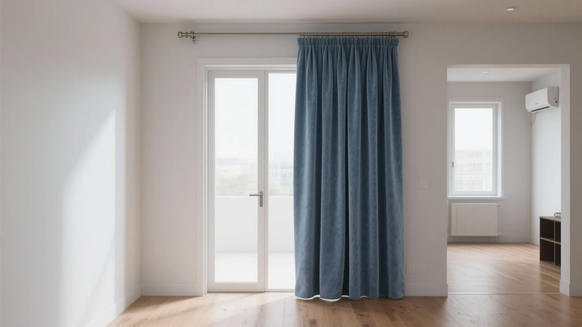 Bright room with wooden floor and blue curtain hanging over glass door to balcony area