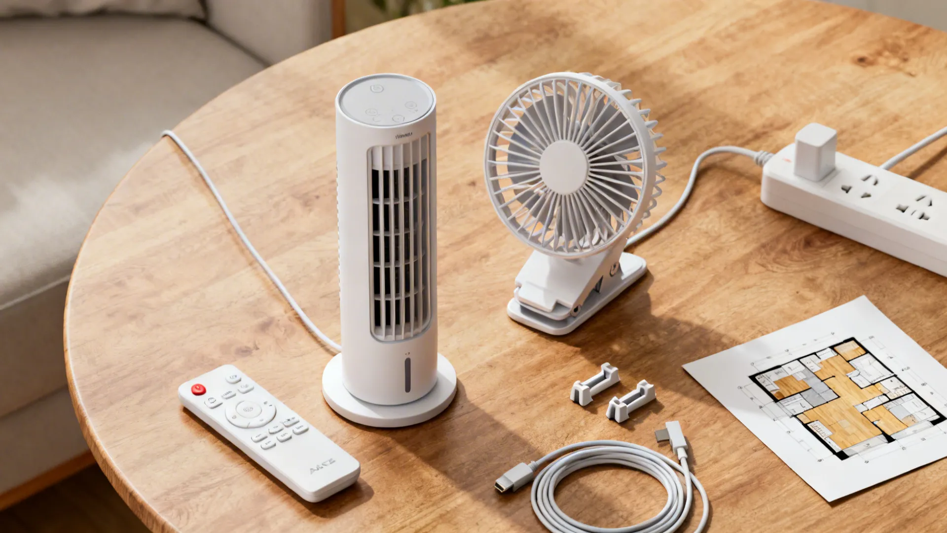 Flatlay of portable AC remote, tower fan, clip fan and cable management items for small-room cooling