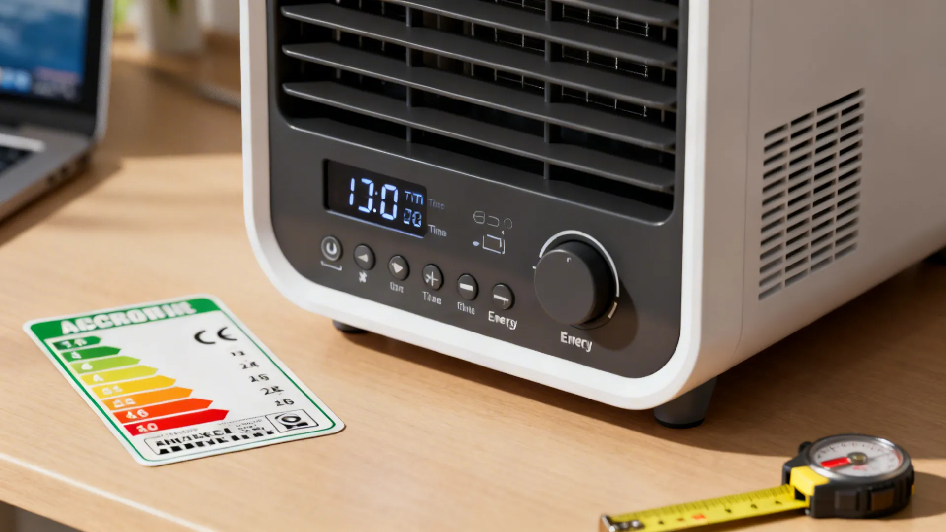 Portable AC control panel showing timer and energy settings with measuring tape