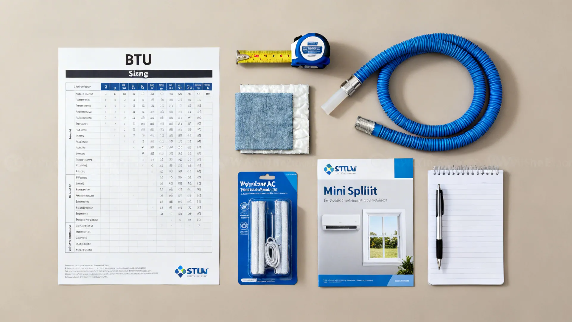 Flatlay of BTU chart, measuring tools, insulation sample and window sealing kit for AC planning.