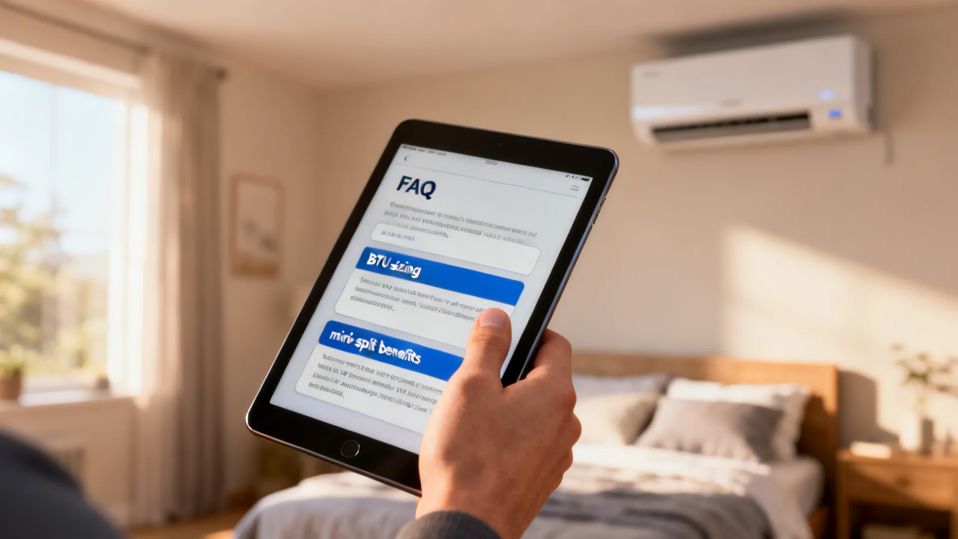 Tablet showing AC FAQ about BTU sizing and mini-split benefits with a mini-split unit blurred in the background.