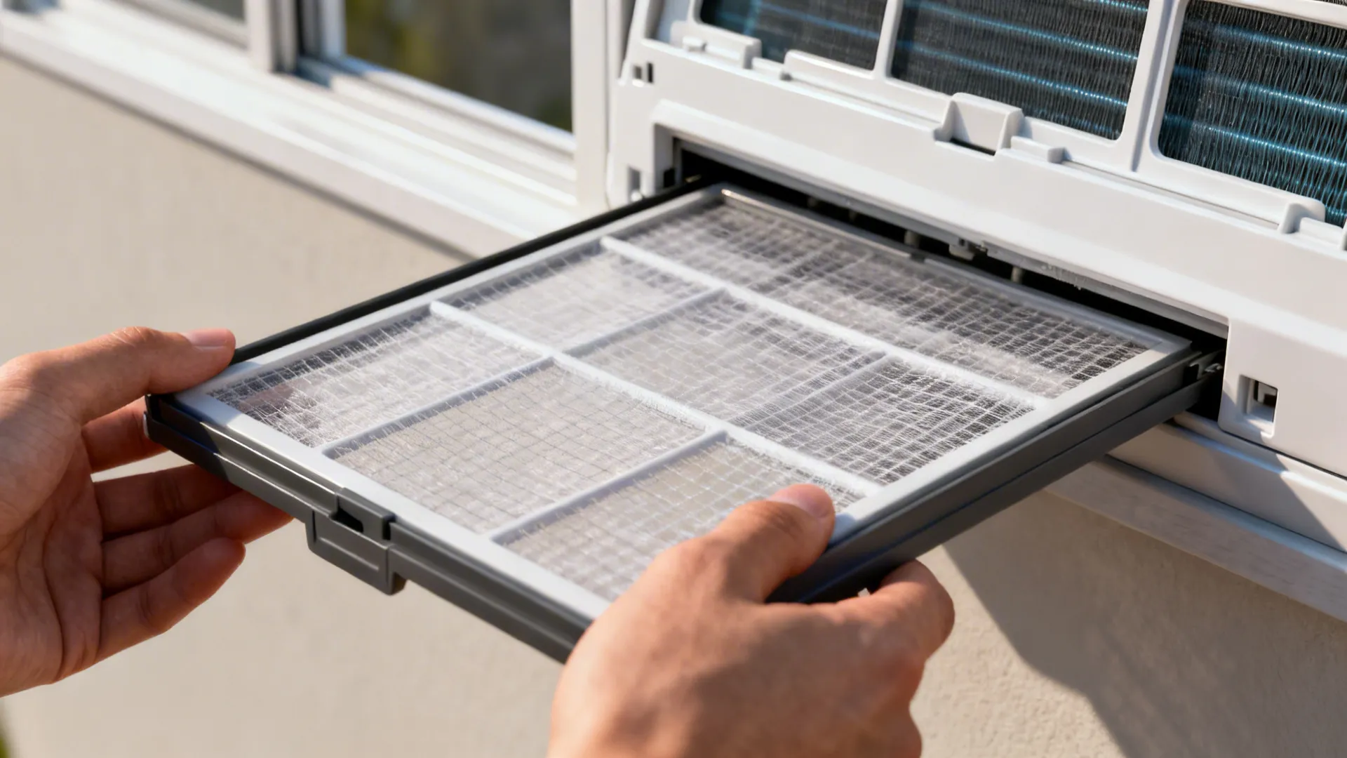 Removable washable window AC filter being pulled out for cleaning, showing mesh detail.