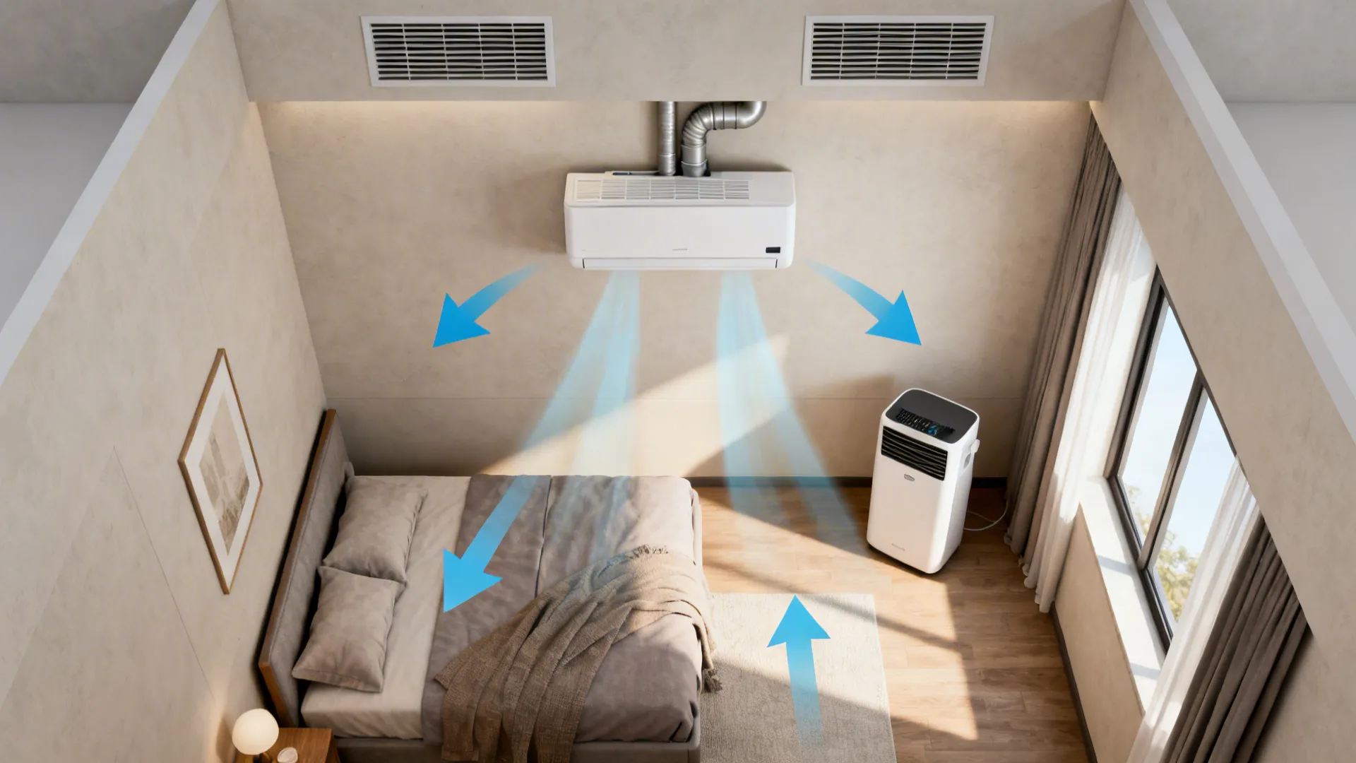 Top-down room layout infographic showing optimal aircon placements and airflow paths for small rooms.