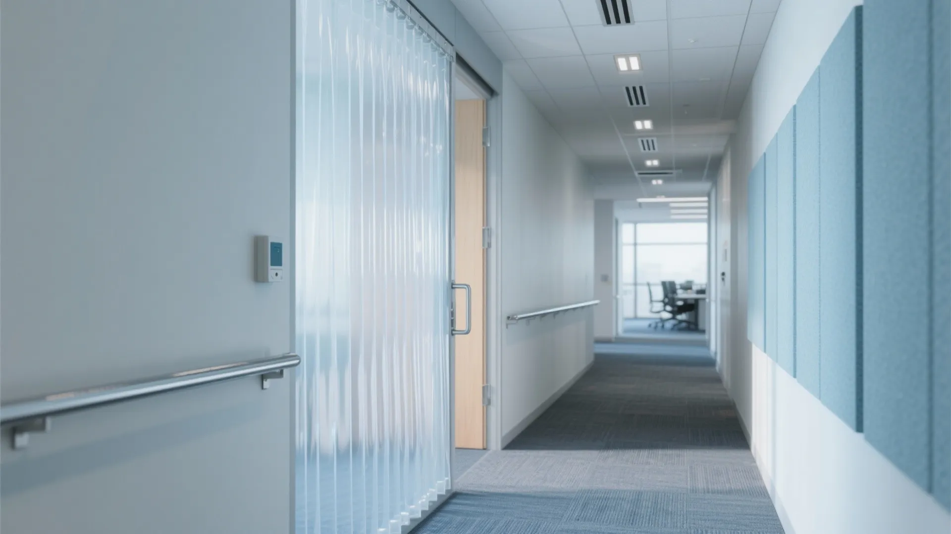 Modern office hallway with white walls blue carpet blue wall panels and clear plastic curtain