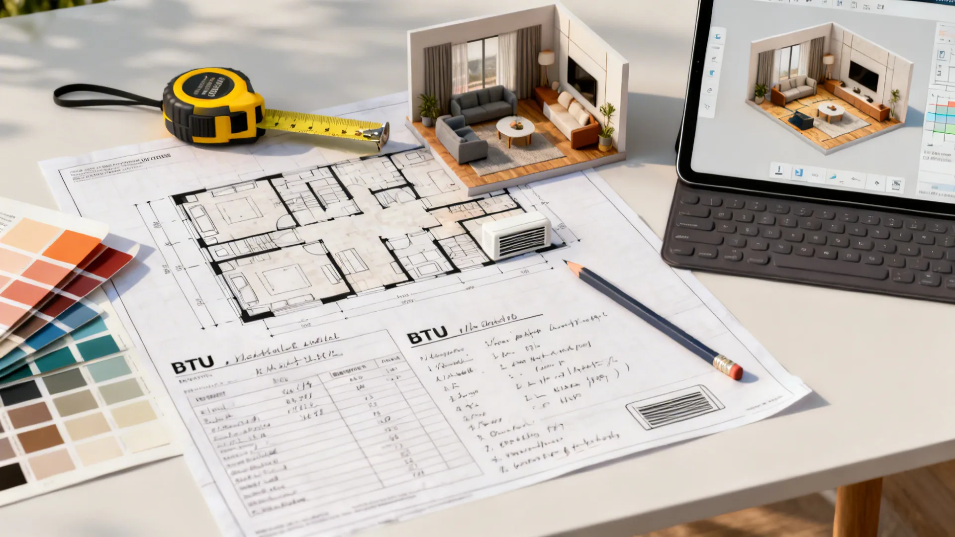 Top-down flatlay of tools and notes for selecting and sizing an air conditioning unit
