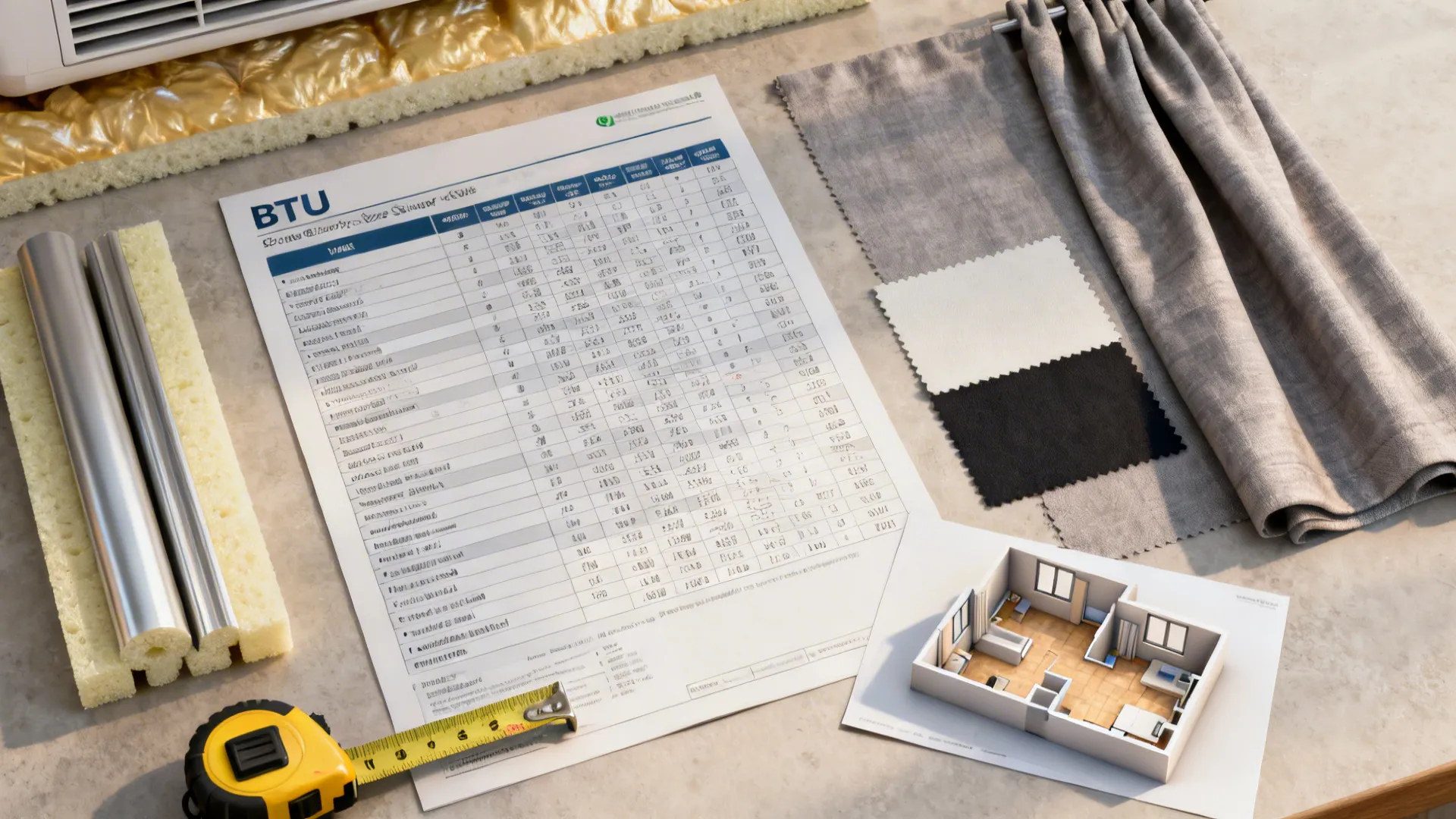 Flatlay of BTU chart, measuring tape, insulation strips and curtain fabric for aircon planning.
