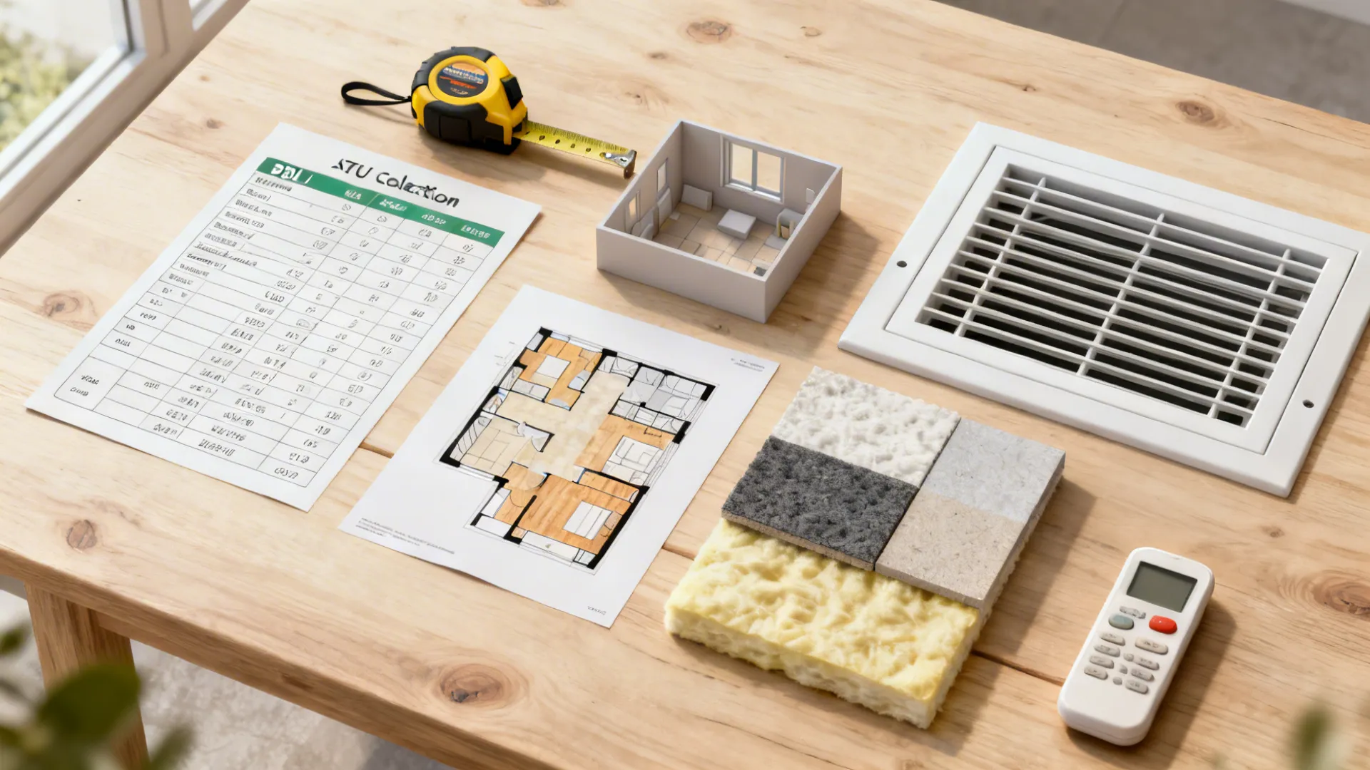 Flatlay of BTU chart, tape measure, floor plan, insulation swatches and vent panel for AC planning.