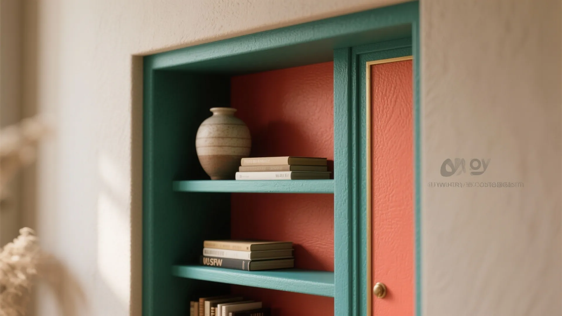 Built in teal wall cabinet with orange background holding small ceramic vase and many books