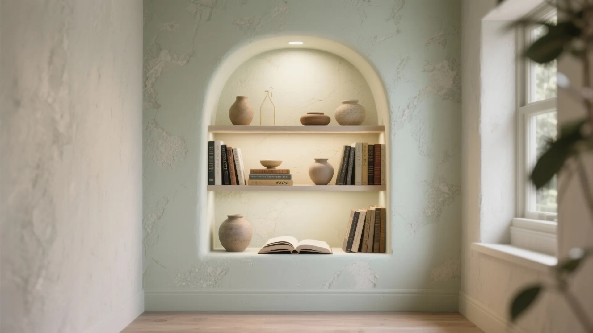 Cozy alcove with a stronger limewash tint creating an intentional accent and textured recessed shelving.