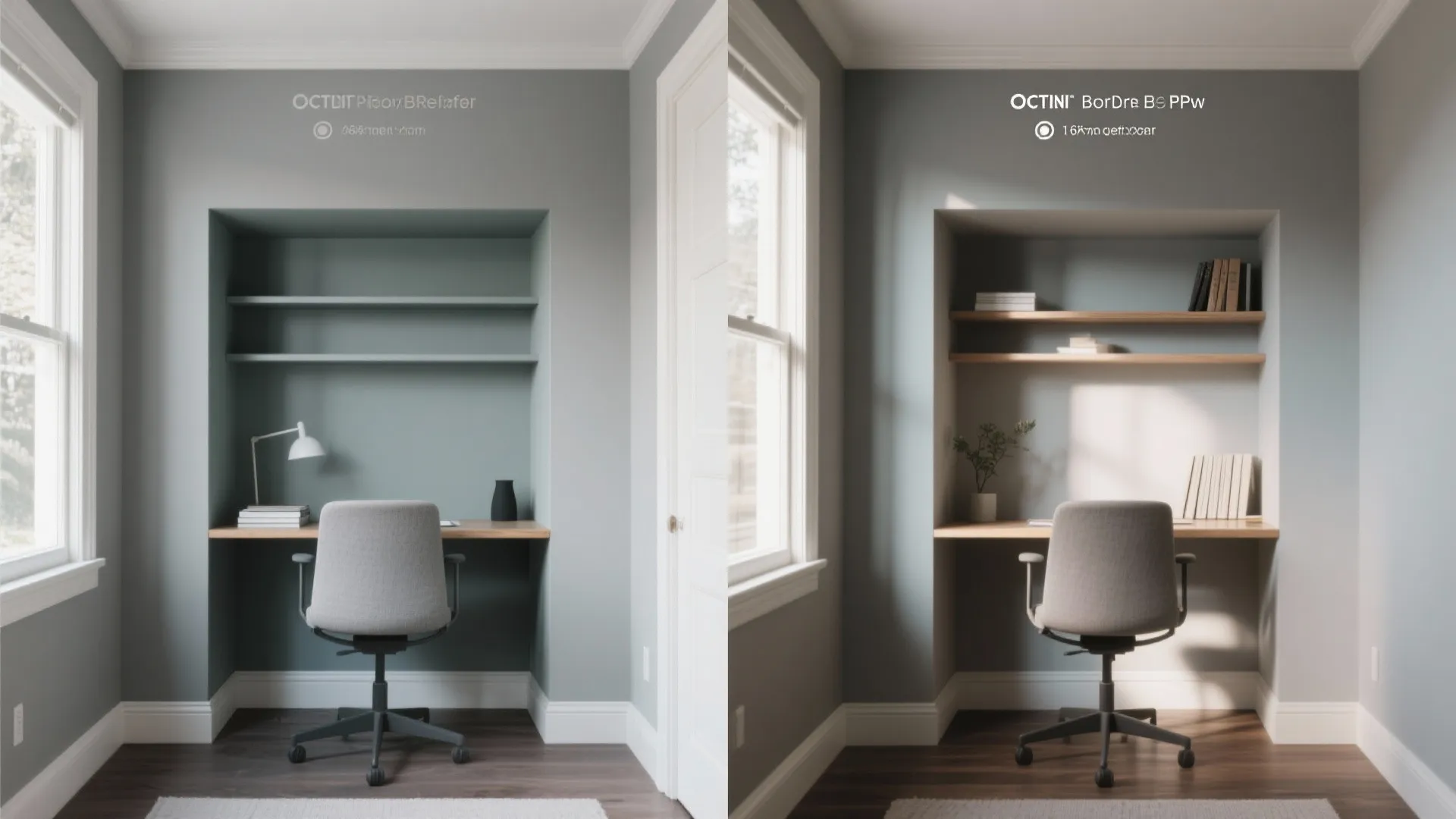 Side by side comparison of a built in home office desk with shelves and chair
