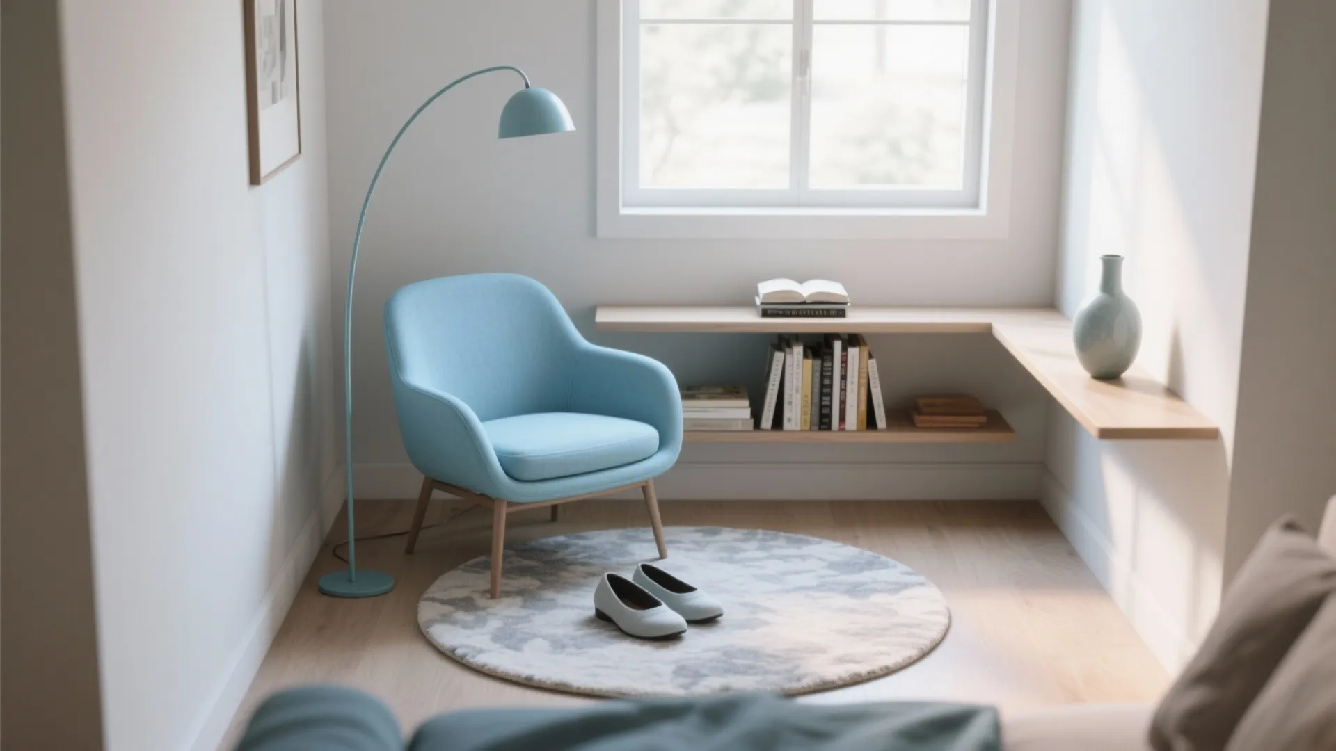 Modern blue chair by a window with a floor lamp and wooden shelves for books
