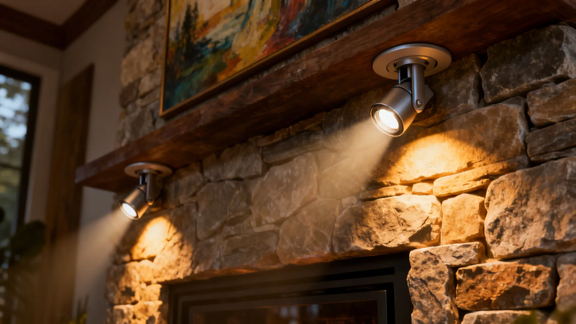 Two small spotlights mounted on wooden mantel highlighting texture of stone fireplace wall with light