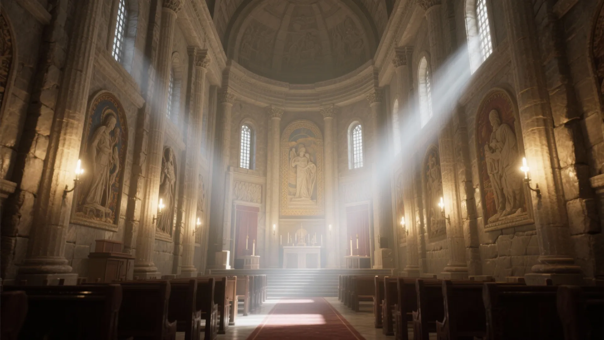 Sanctuary with accent lighting revealing columns and murals without glare.