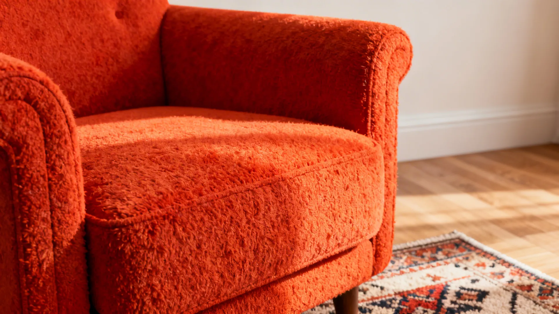 Close-up of a saturated accent armchair against light walls and a patterned rug in a small living room.