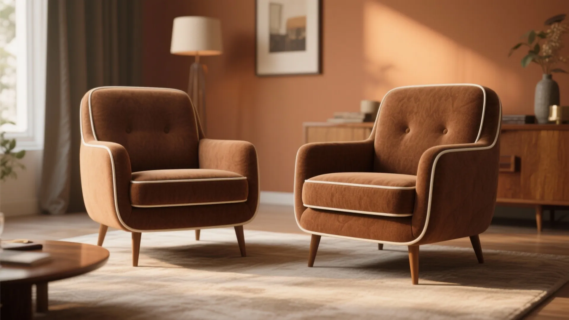 Two brown armchairs with white trim sitting on a rug in a warm living room