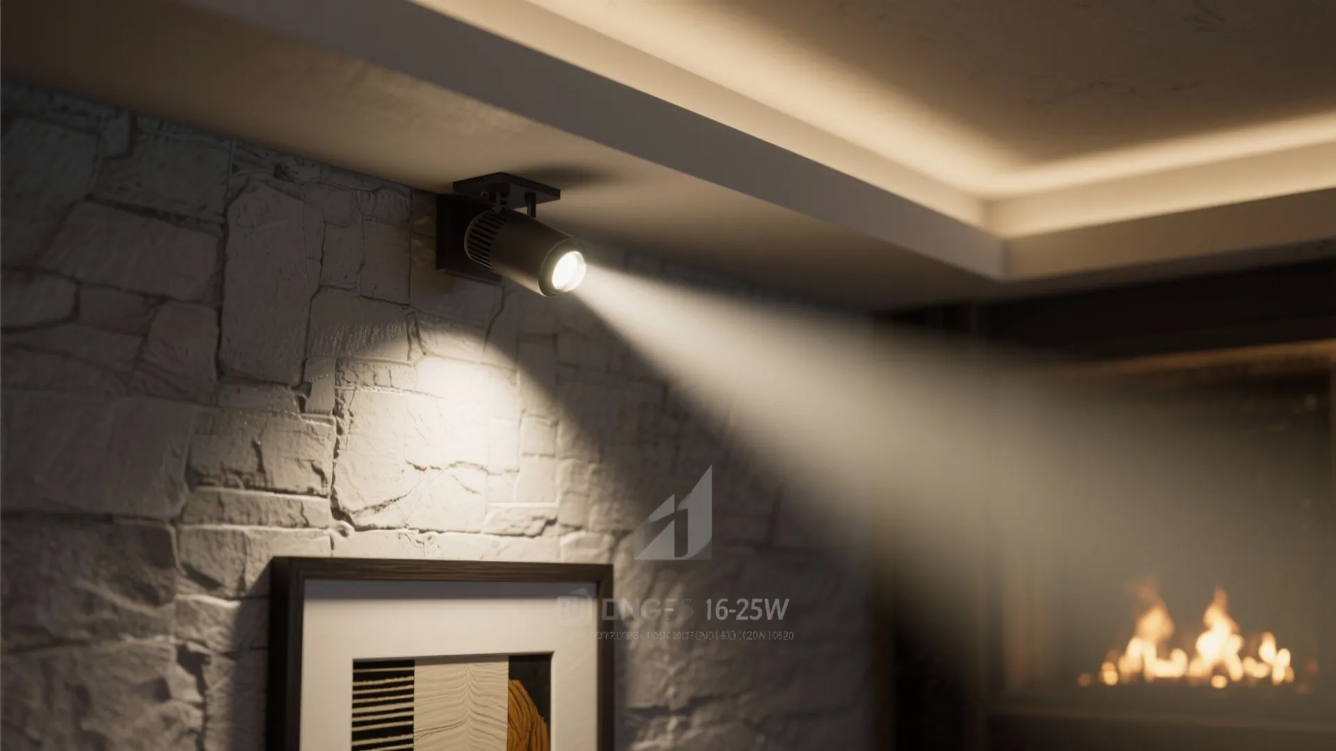 Wall light shining on a stone wall and framed picture above a cozy indoor fireplace area