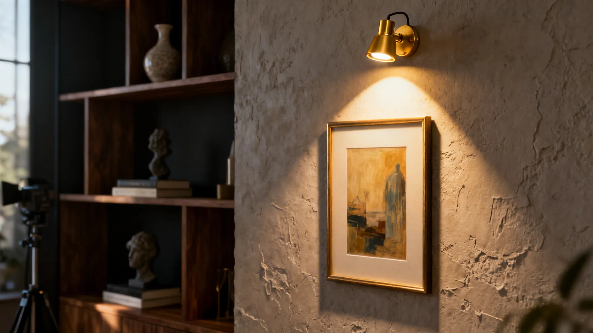 Adjustable picture light highlighting framed artwork on a focal wall