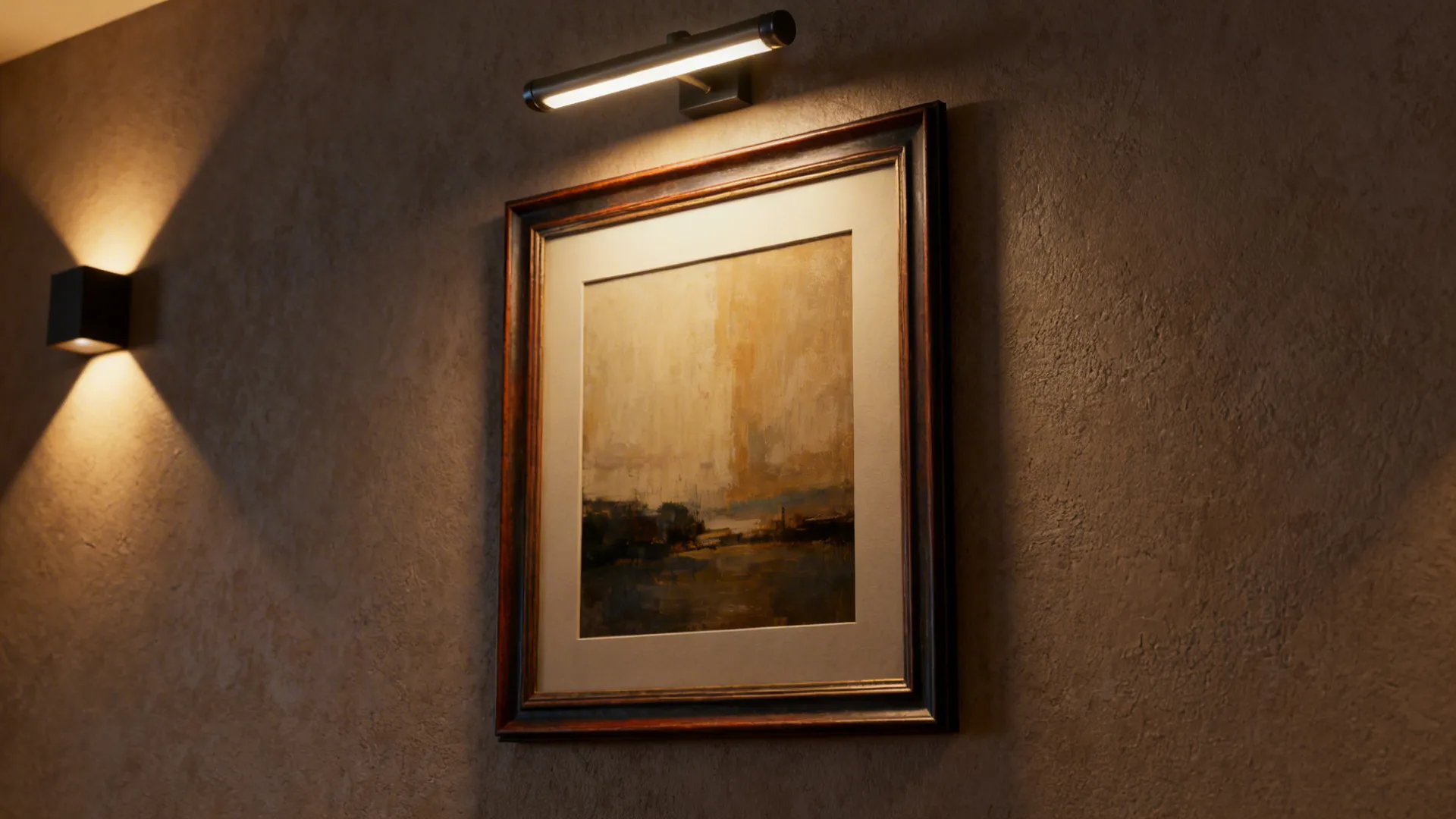 Artwork on a textured wall lit by an adjustable picture light and wall washer.