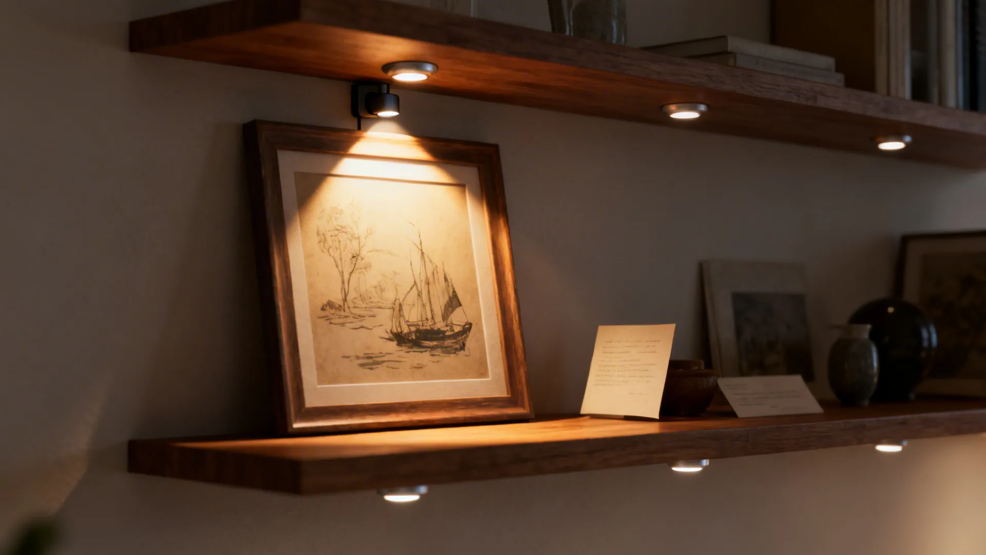 Artwork illuminated by a picture light and shelves highlighted by LED puck lights for subtle accent lighting.