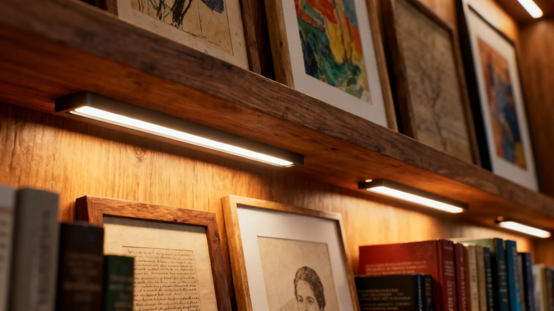 Shelving and artwork highlighted by focused under-shelf LED modules with warm, high-CRI light