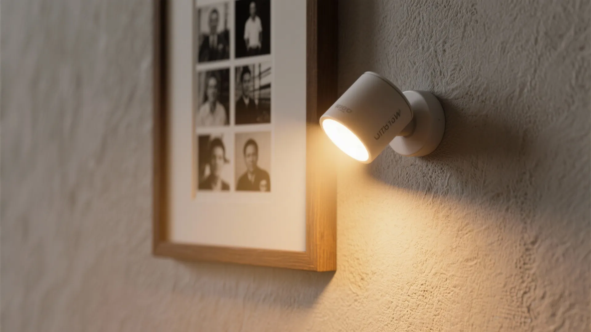 Focused rechargeable wall light highlighting a framed photo cluster with warm, glare-controlled beam.