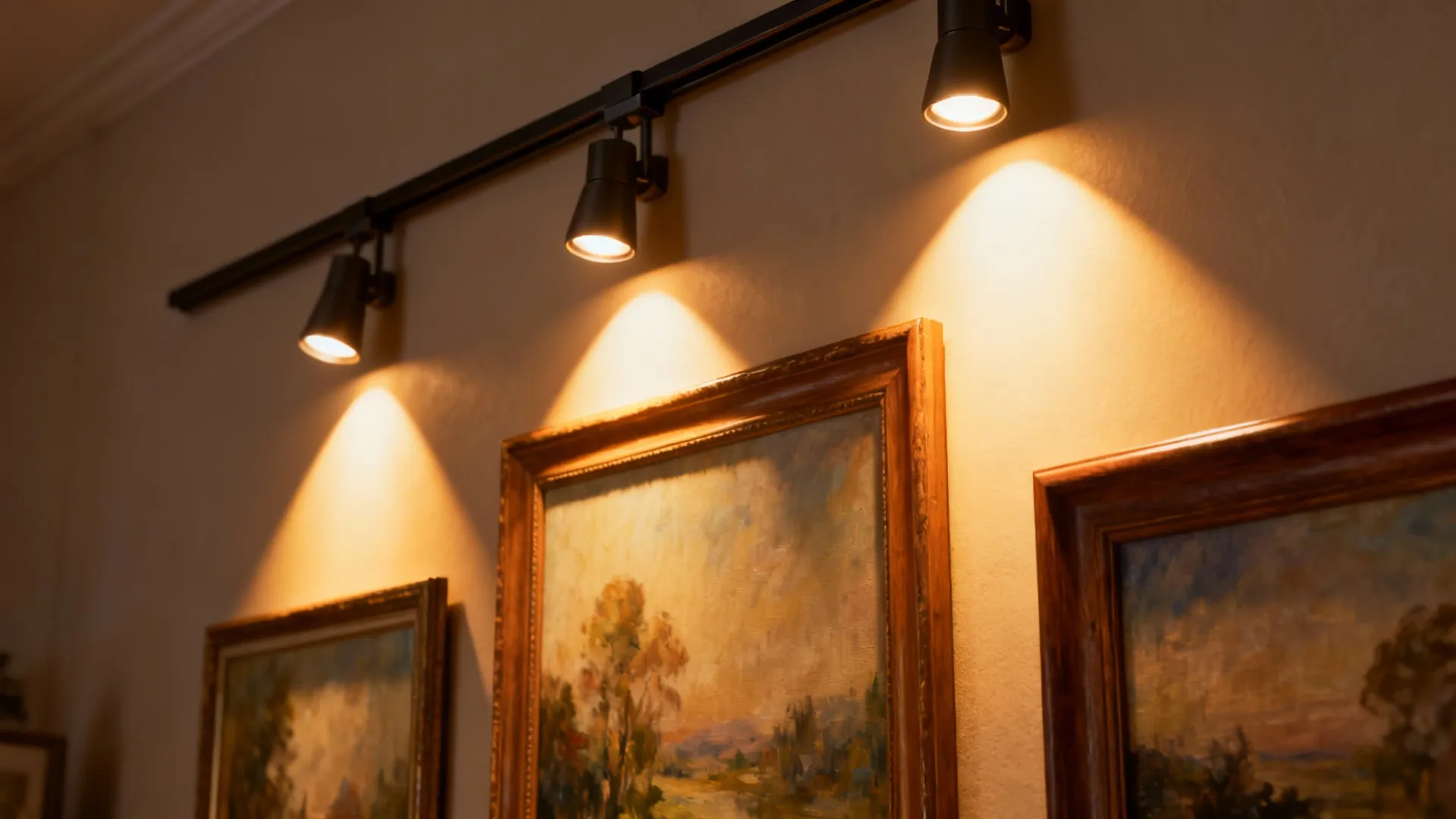 Three black track ceiling lights shining warm light on classic framed paintings hanging on wall