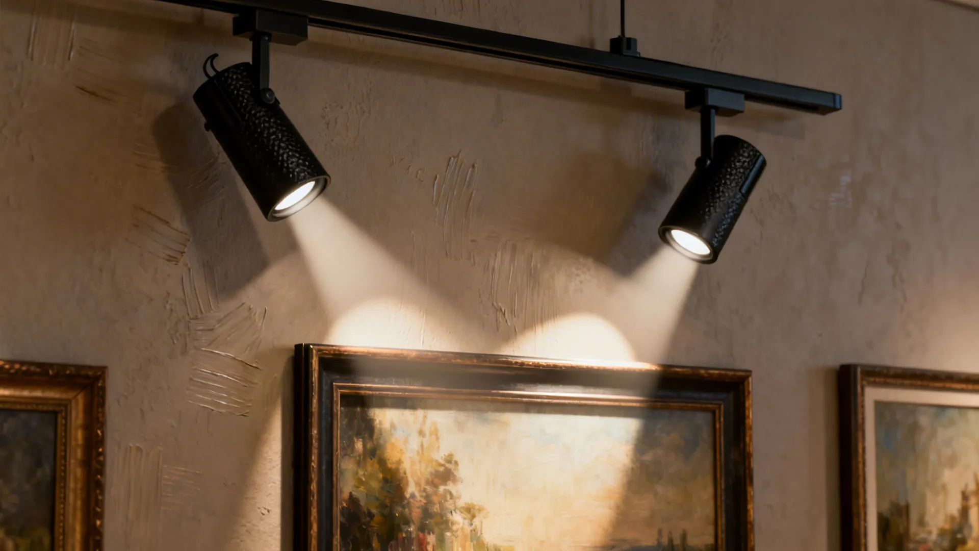 Two-head track lights highlighting framed artwork with narrow beams and warm tones.