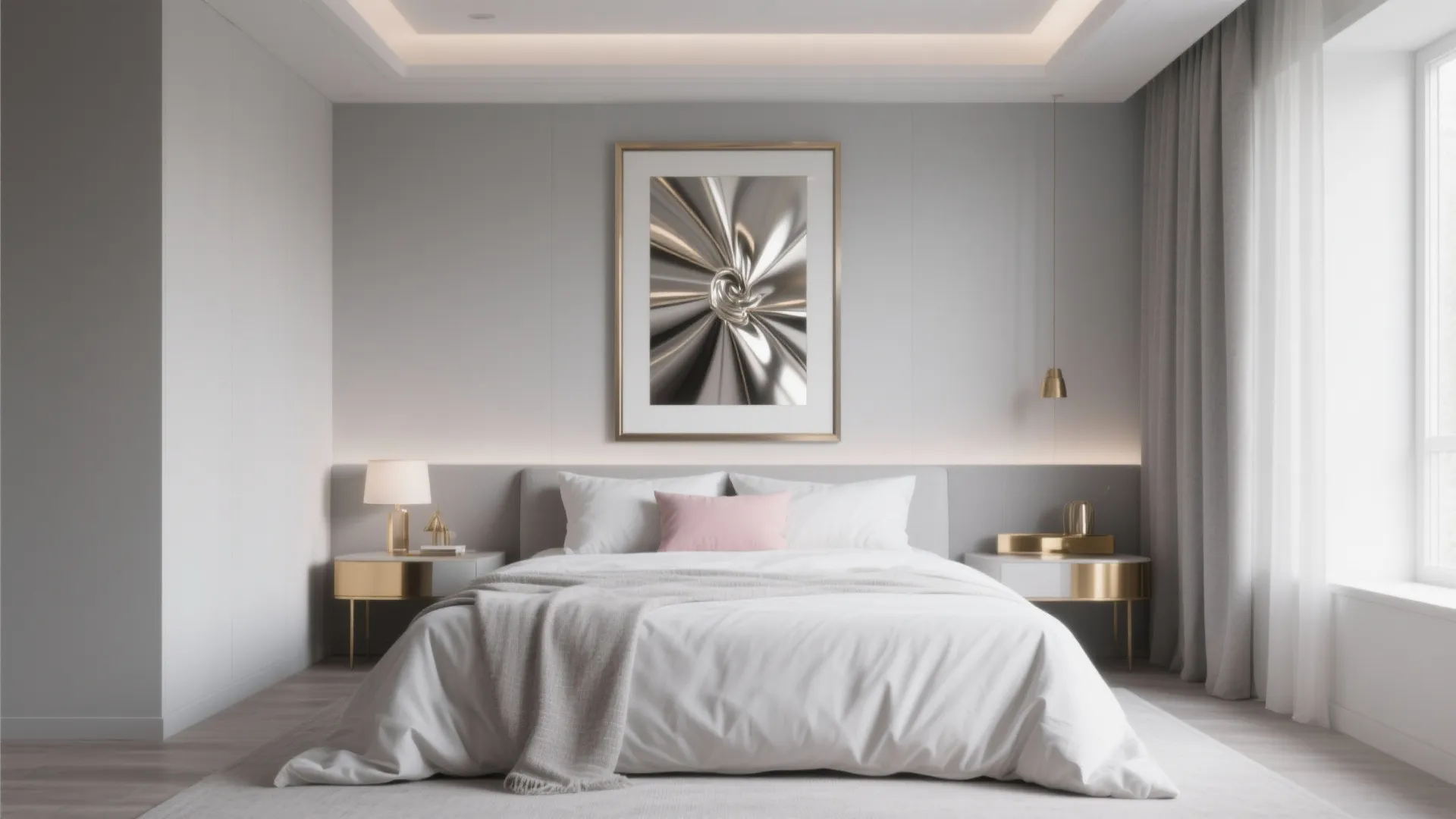 Bright white bedroom with gold framed artwork on the wall above a large comfortable bed