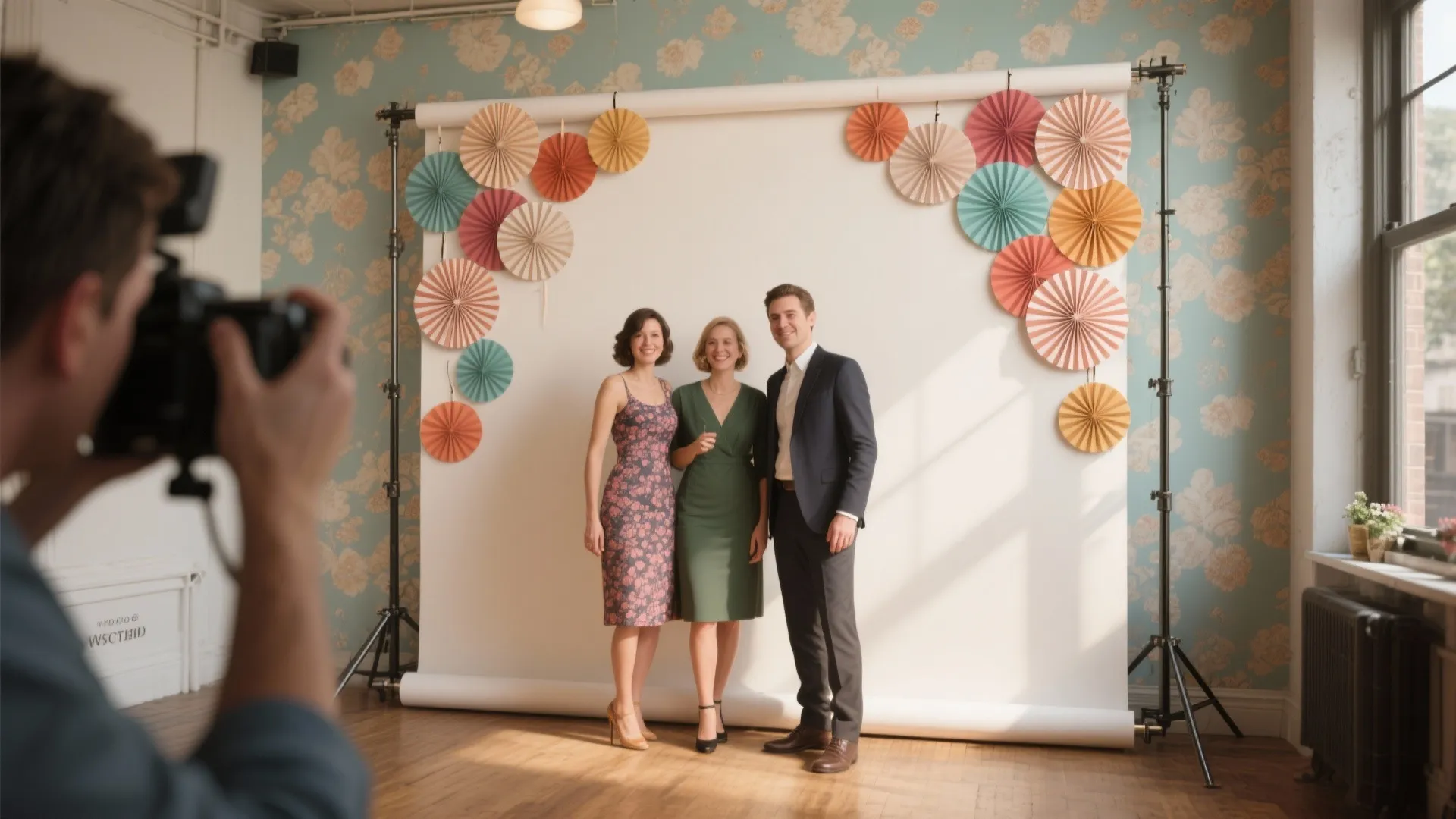 Three people posing for a photo in front of a white backdrop with colorful paper fans