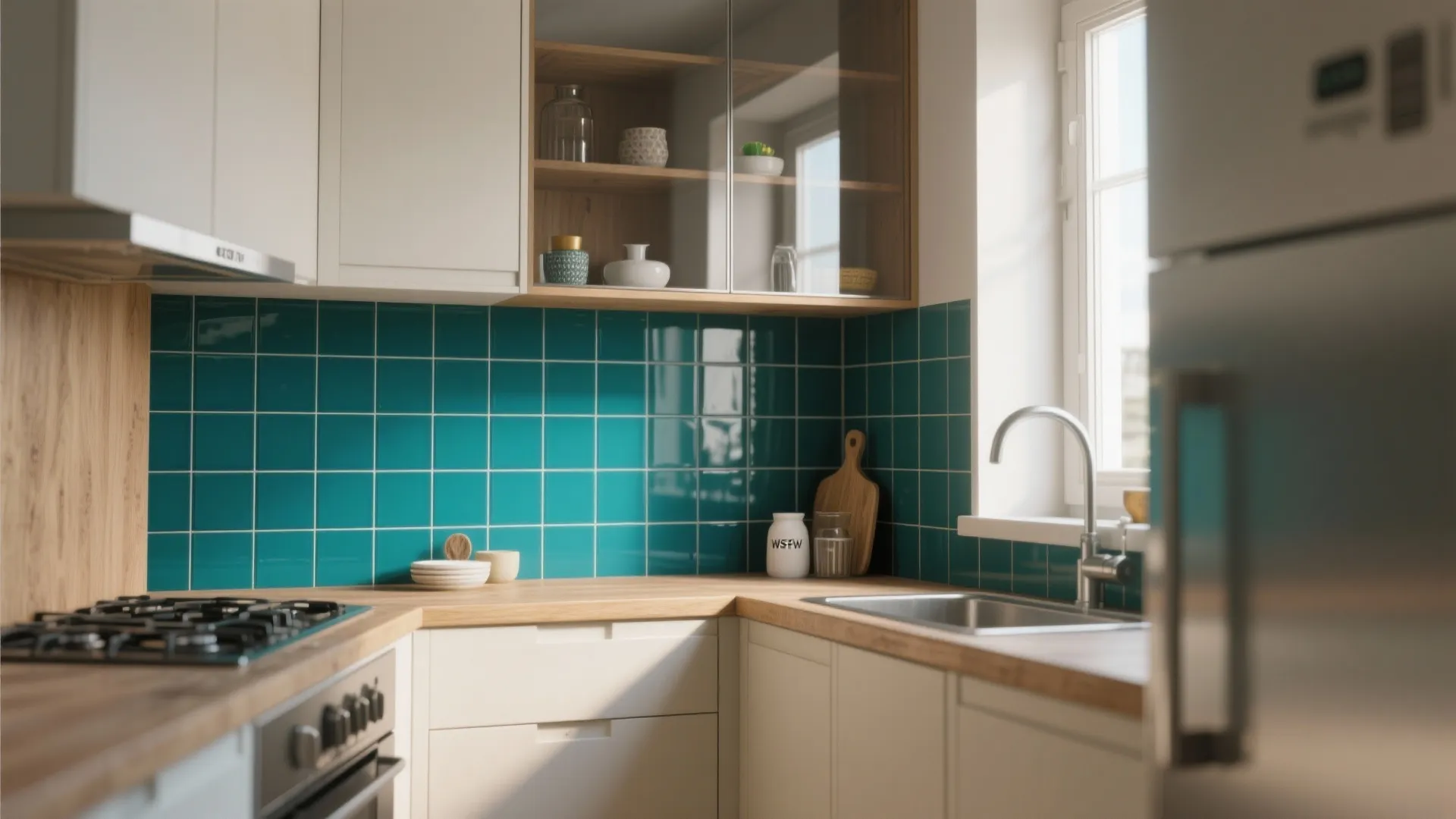 Small kitchen featuring a bold teal backsplash and a color-blocked accent wall balanced with neutral cabinets.