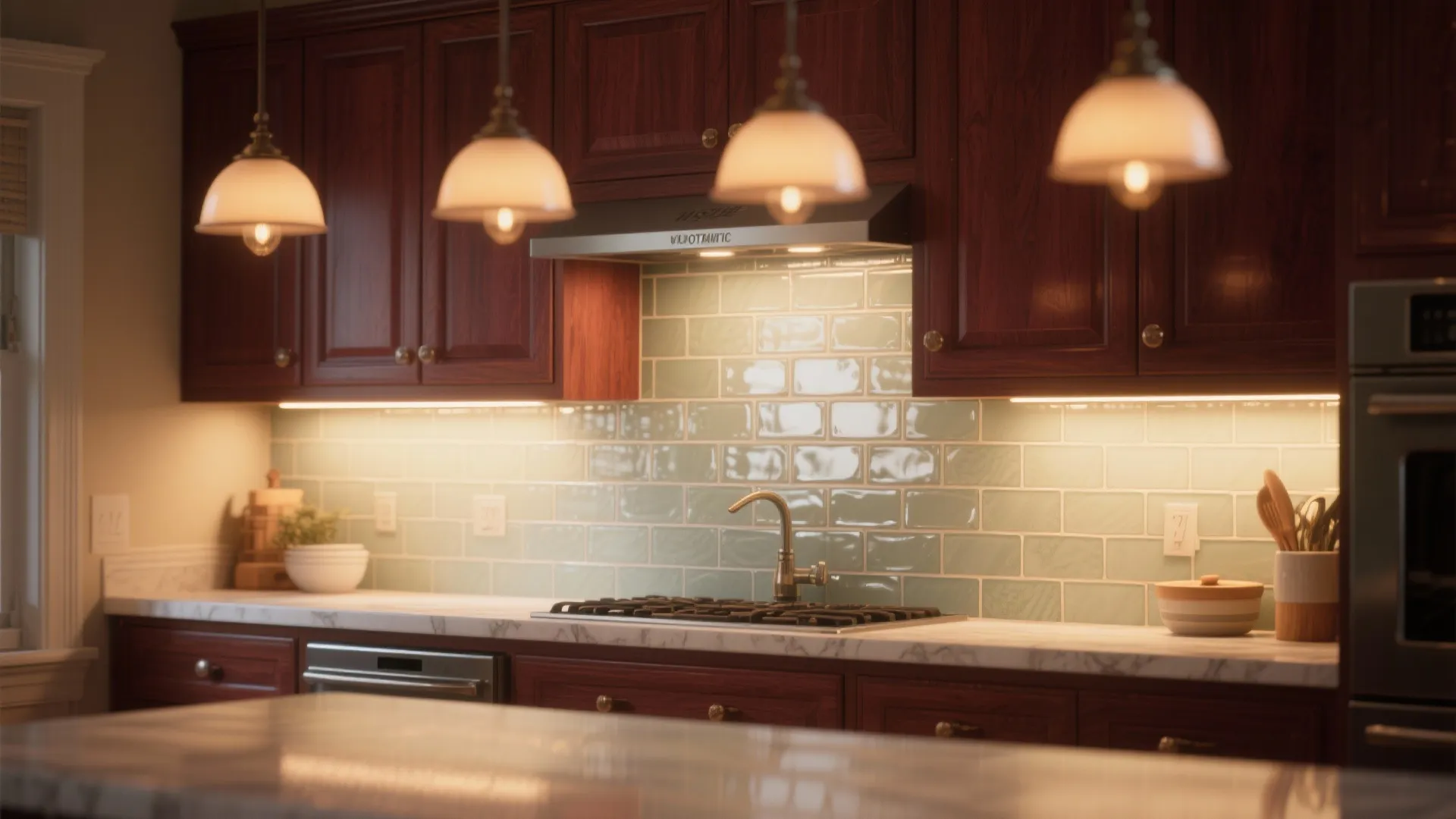 Modern kitchen with dark wood cabinets light green tiled wall marble countertop and hanging ceiling lights