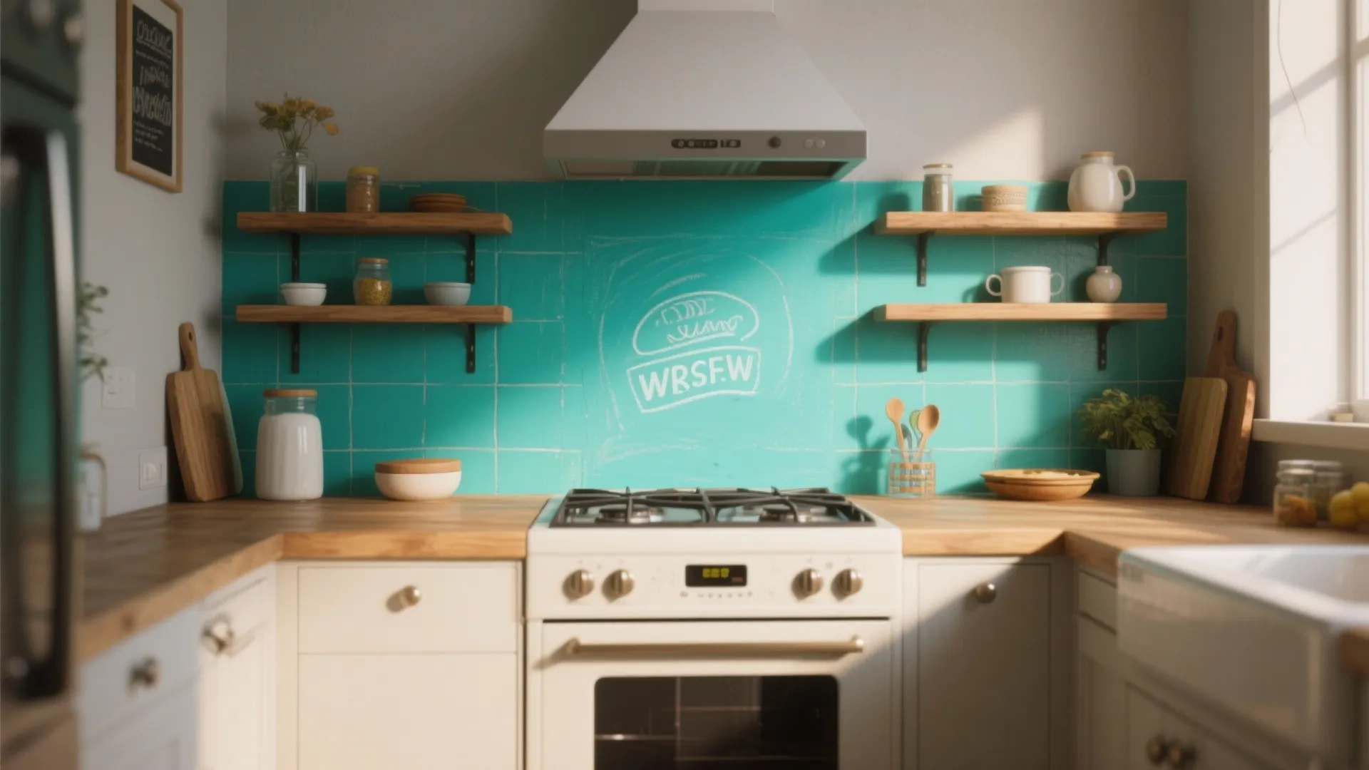 Bright kitchen featuring a teal wall panel behind a white stove with wooden countertops and shelves