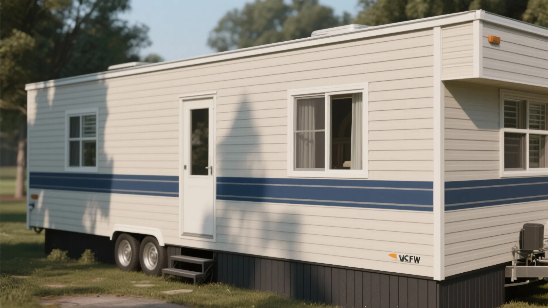 Long white mobile home featuring two horizontal blue accent bands across the siding and base