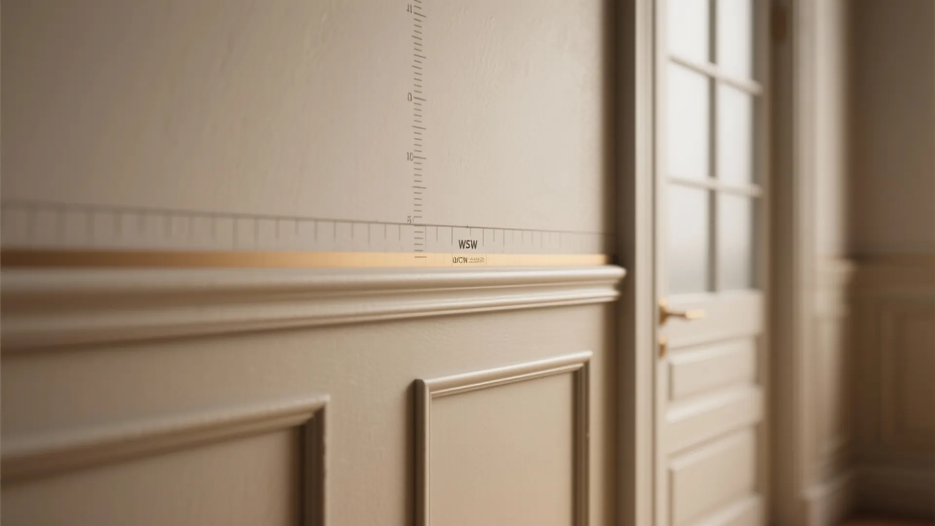 Close up of beige wall panel with ruler markings and gold trim next to white door