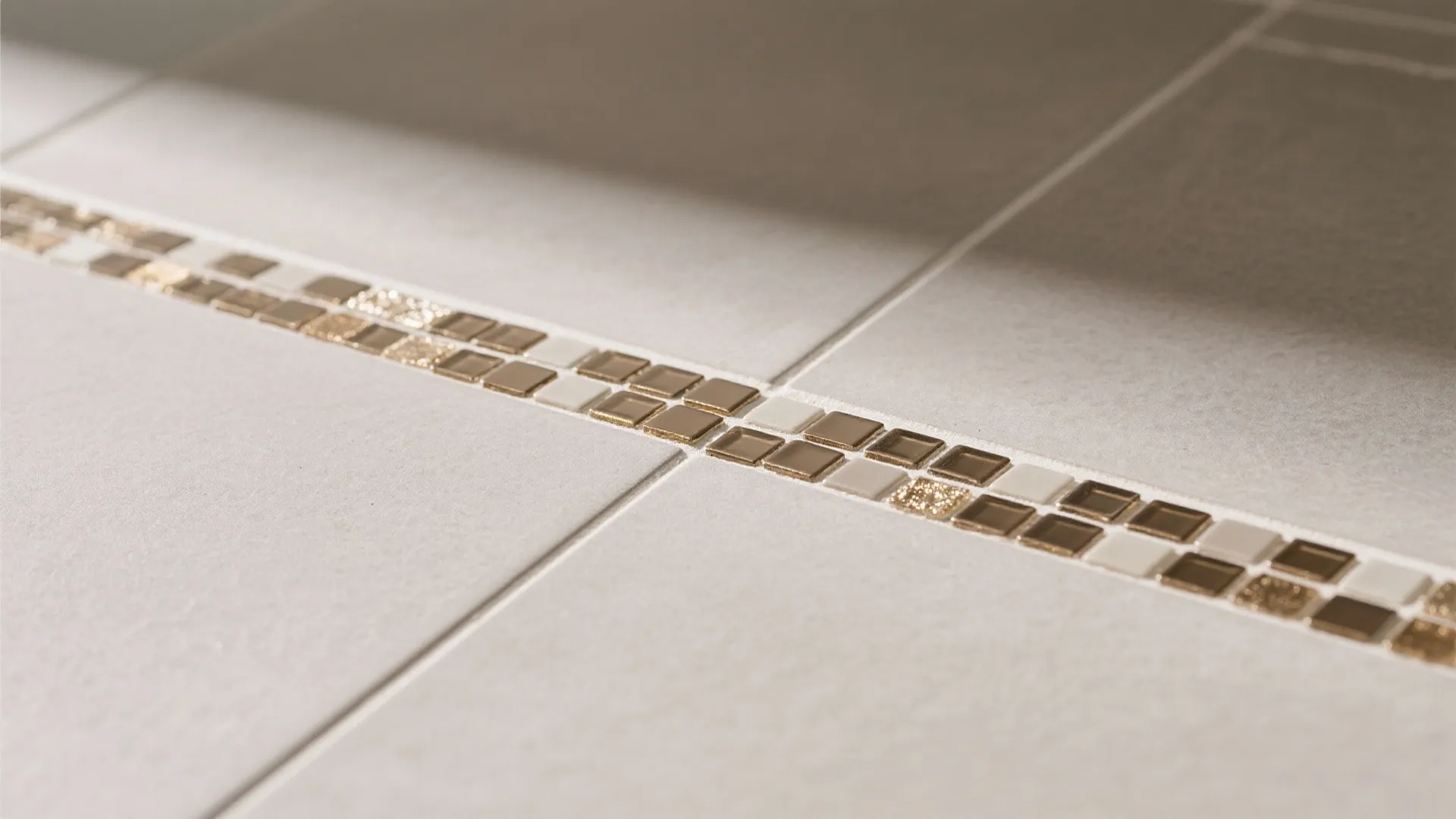 Large beige floor tiles showing a thin decorative line of brown and gold small square