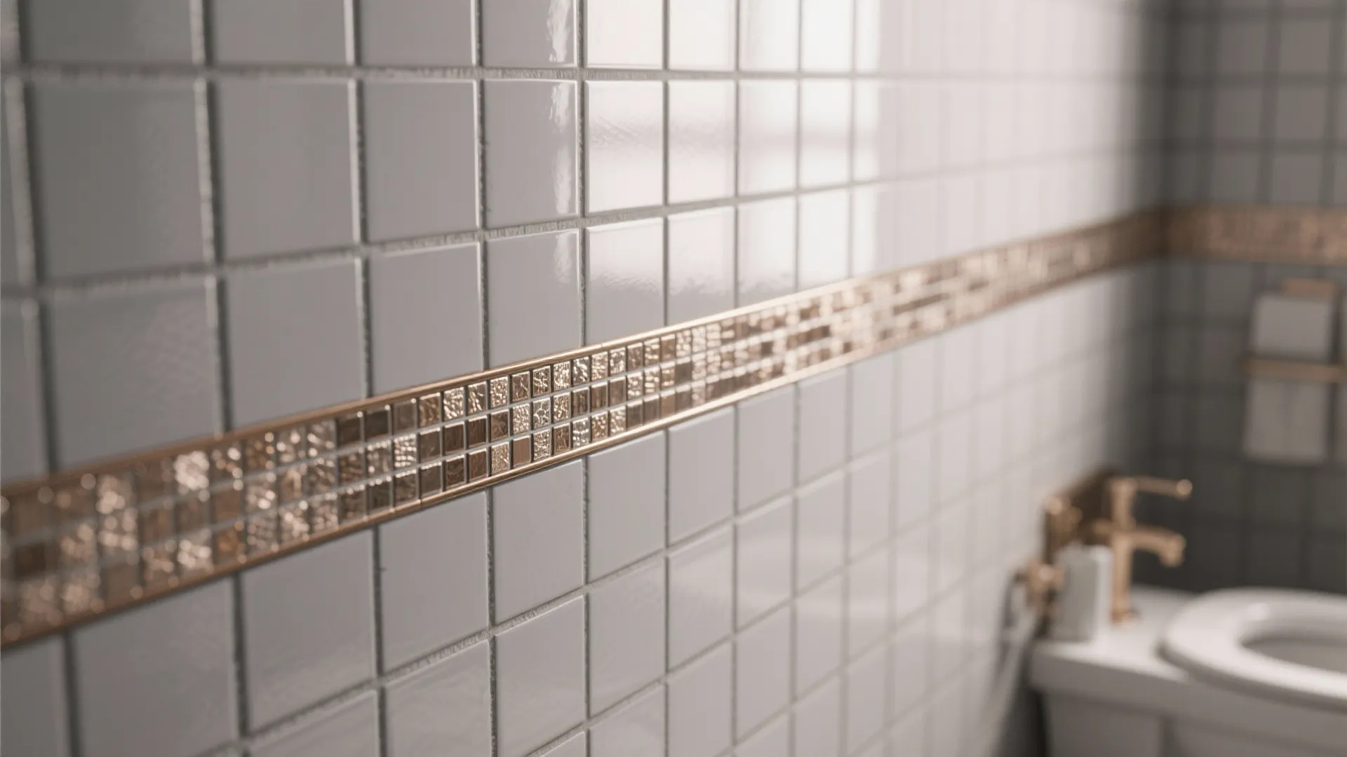 Thin horizontal metallic and textured accent band integrated with gray subway tile