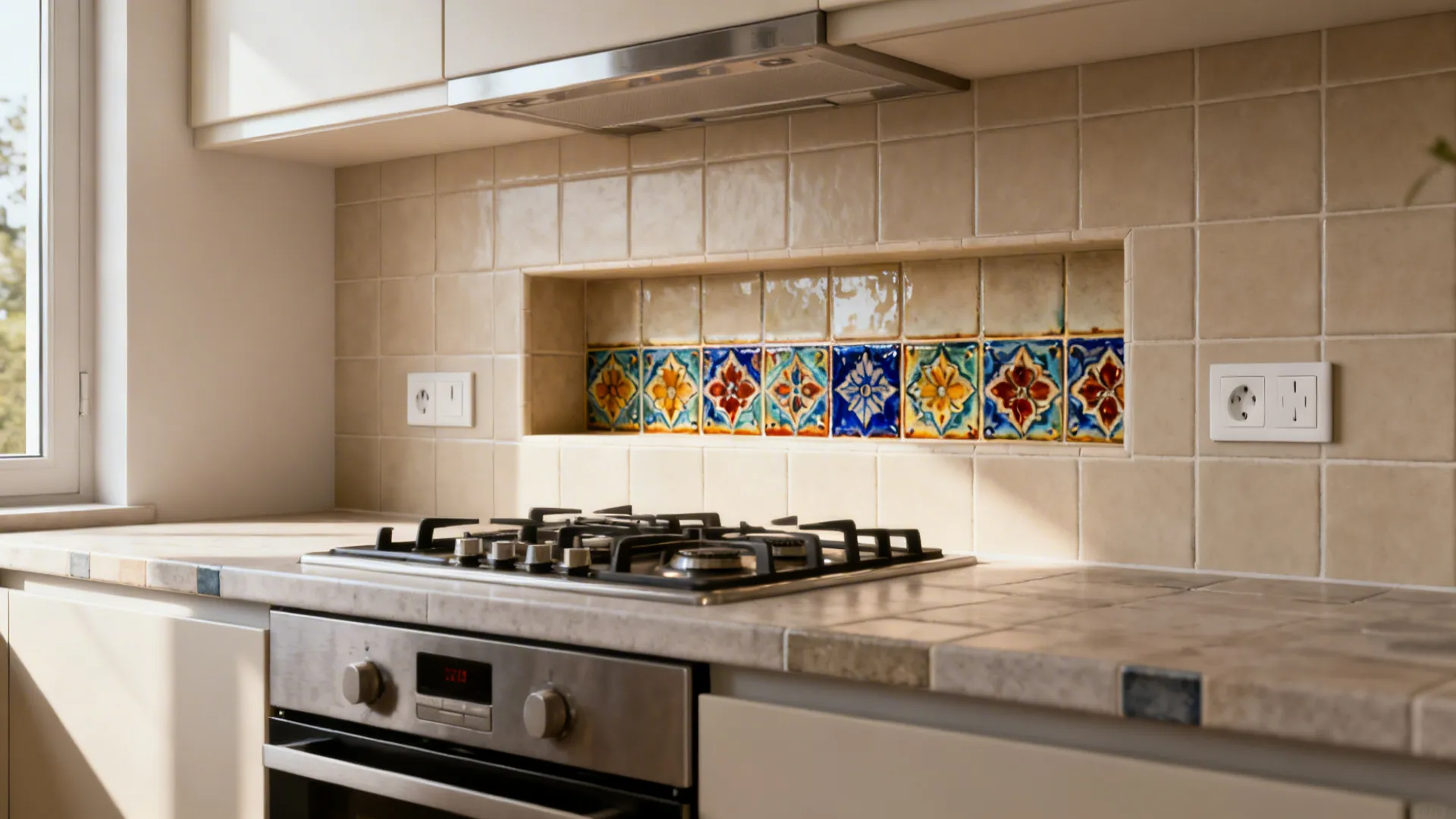 Compact kitchen with a simple field tile backsplash and a slim hand-glazed accent band behind the cooktop.