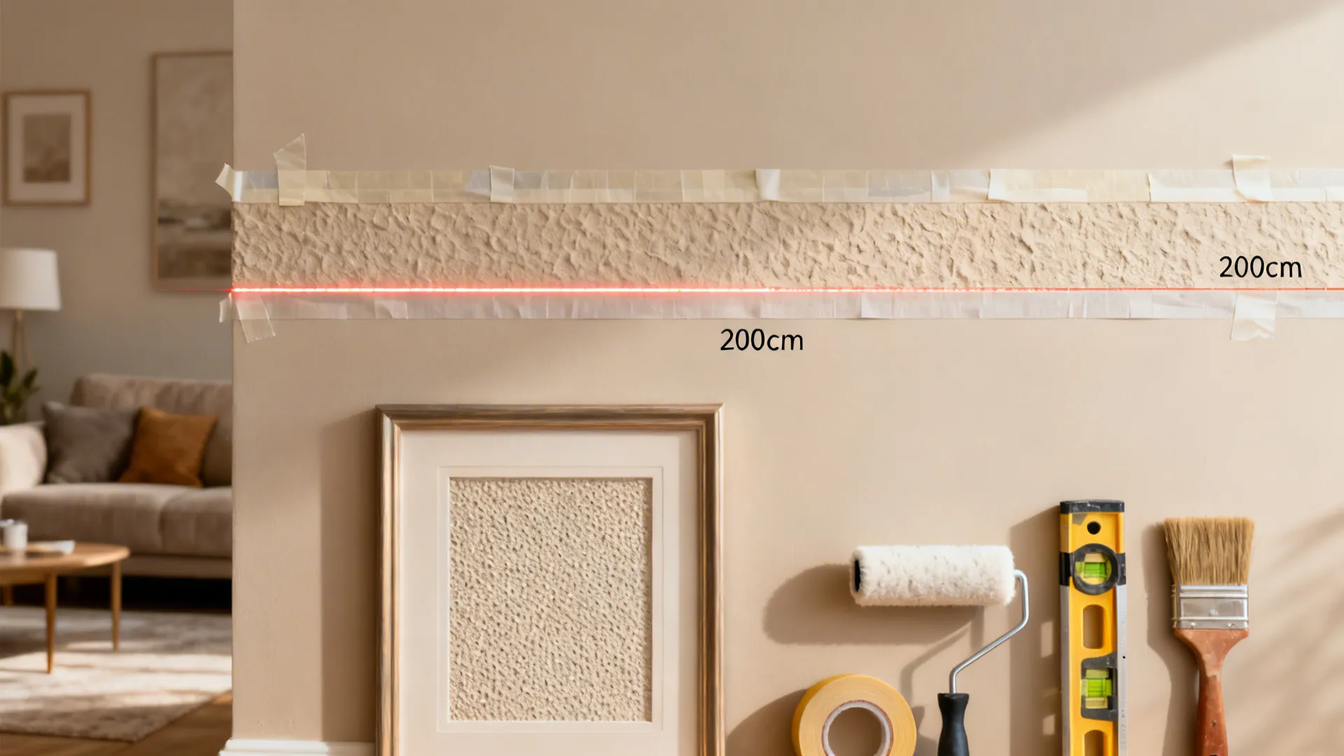 Top-down layout with tools and a mock wall showing a textured accent band.