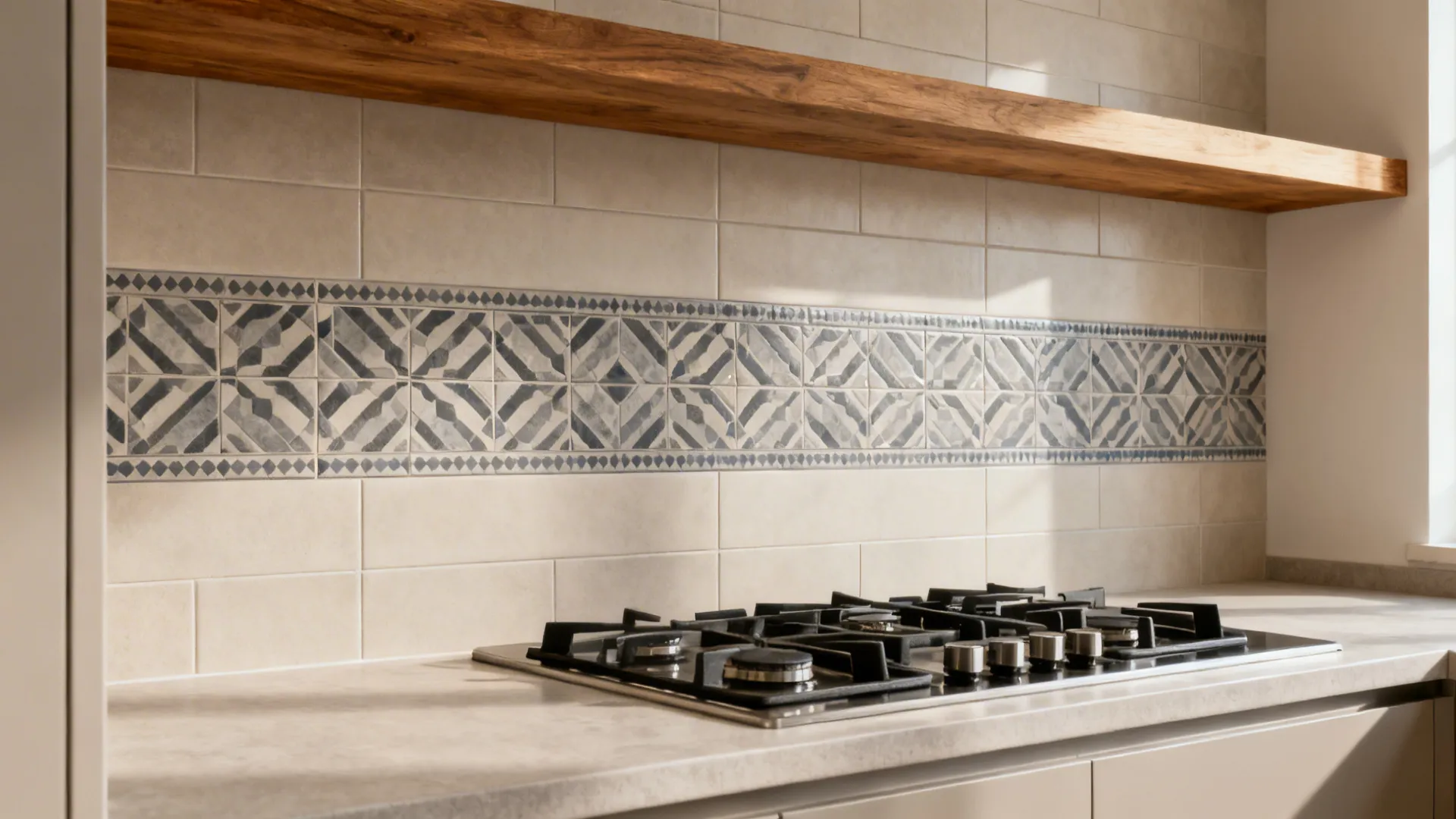 Kitchen range wall with a 10–12 inch patterned tile band framed by neutral tiles.