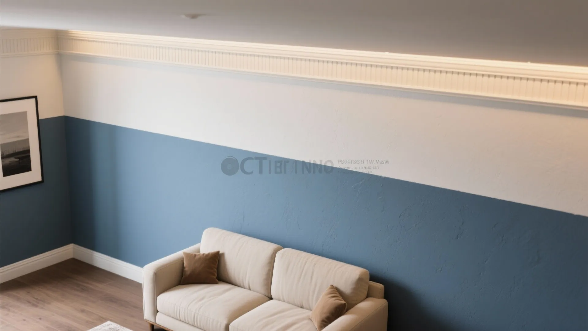 Living room demonstrating horizontal accent banding with mid blue-grey lower wall and off-white upper wall anchoring furniture.