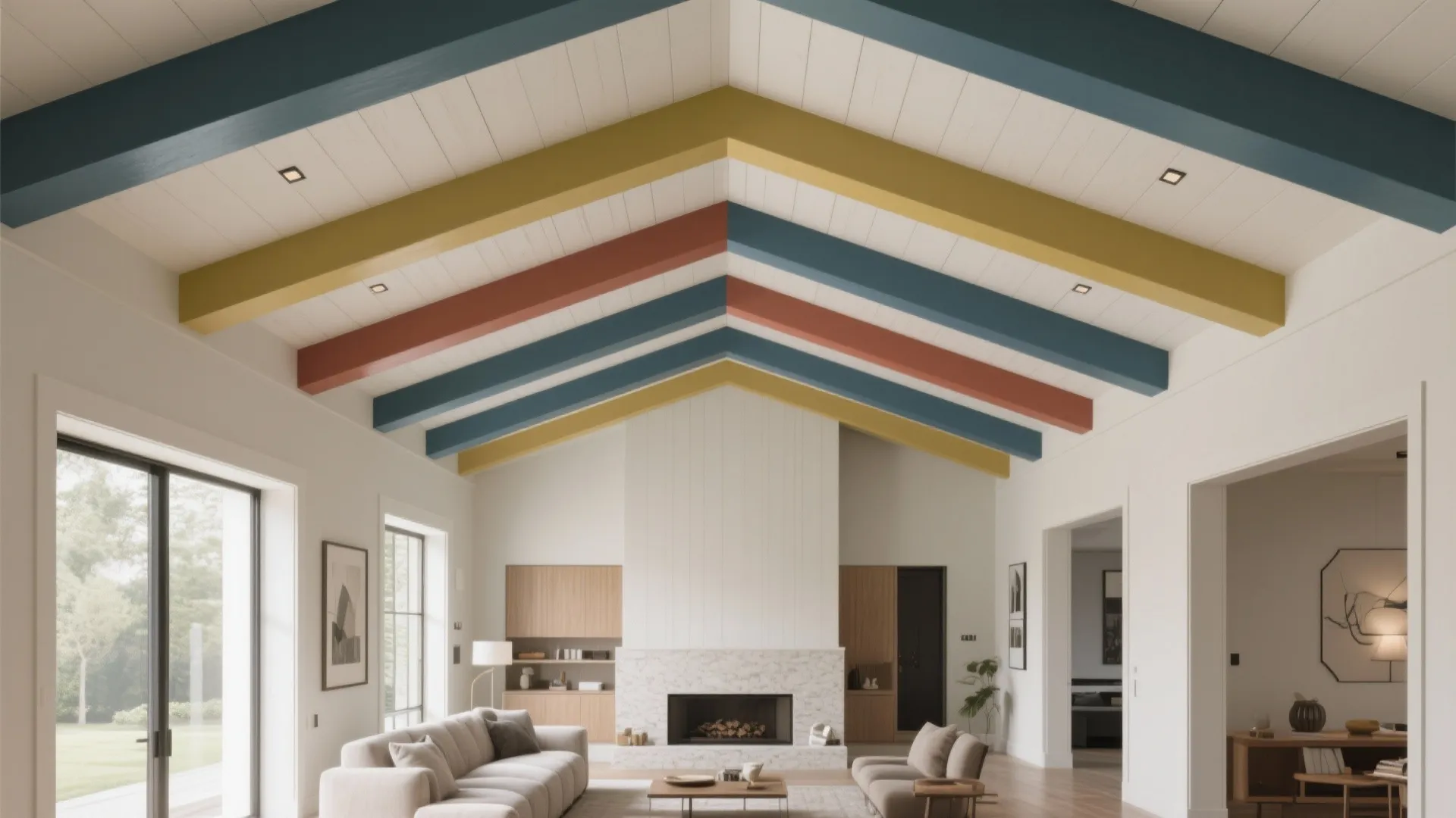 Modern living room featuring a vaulted ceiling with blue yellow and red painted wooden beams