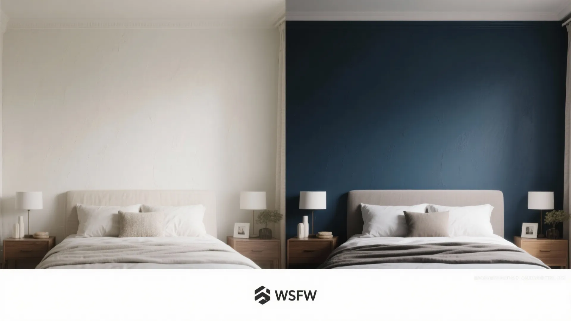 Before and after comparison of a bedroom showing a white wall versus a dark blue