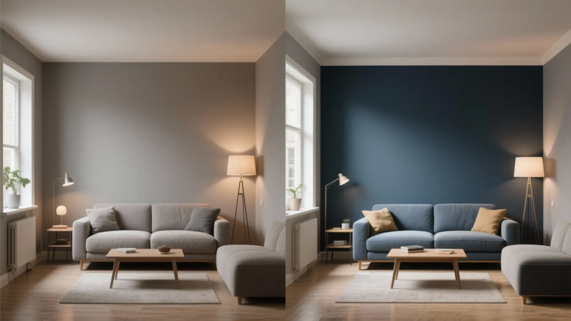 Before and after comparison of a living room changing from grey walls to navy blue walls
