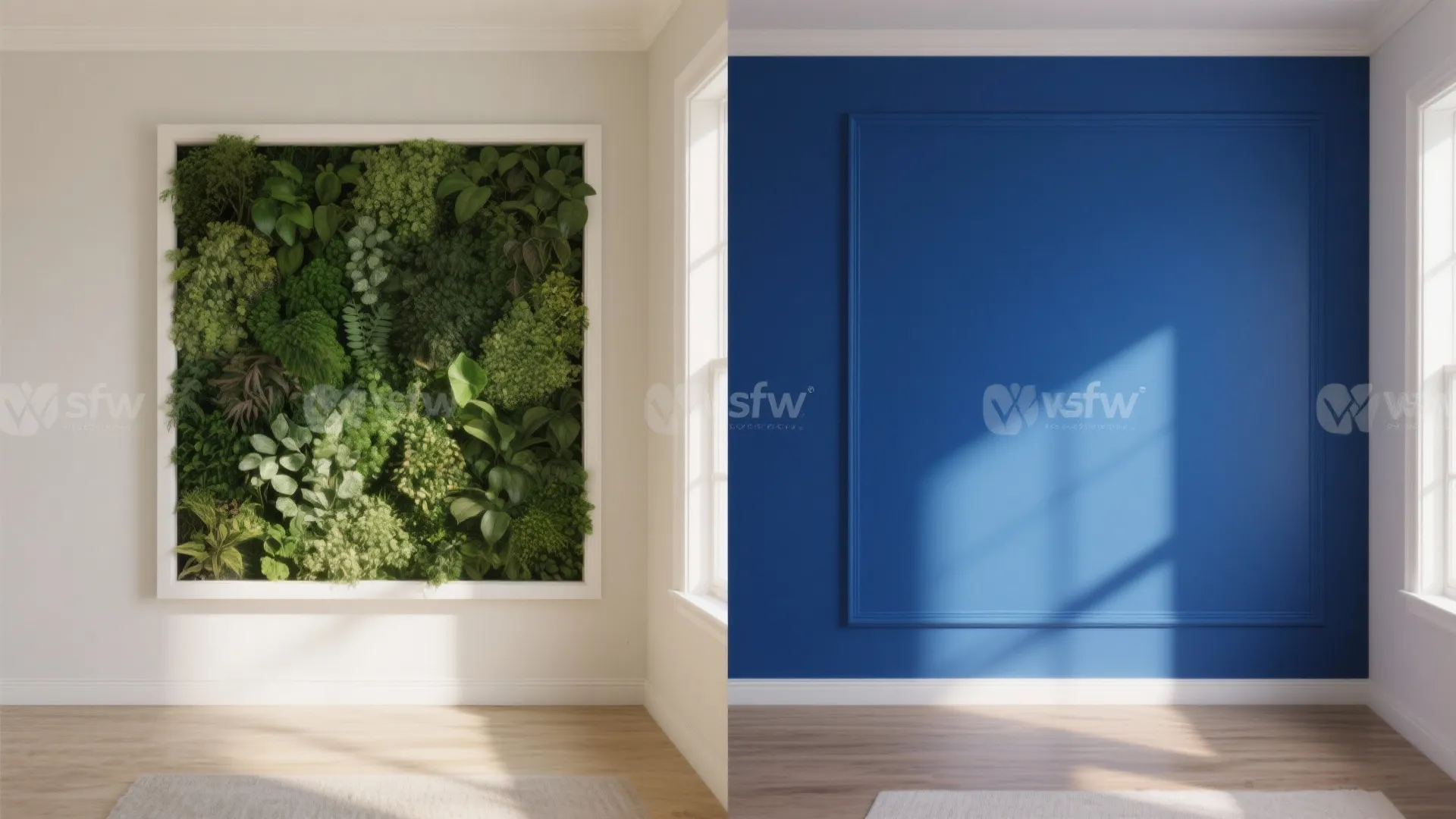Side-by-side comparison of a green plant wall versus a solid blue painted wall panel design
