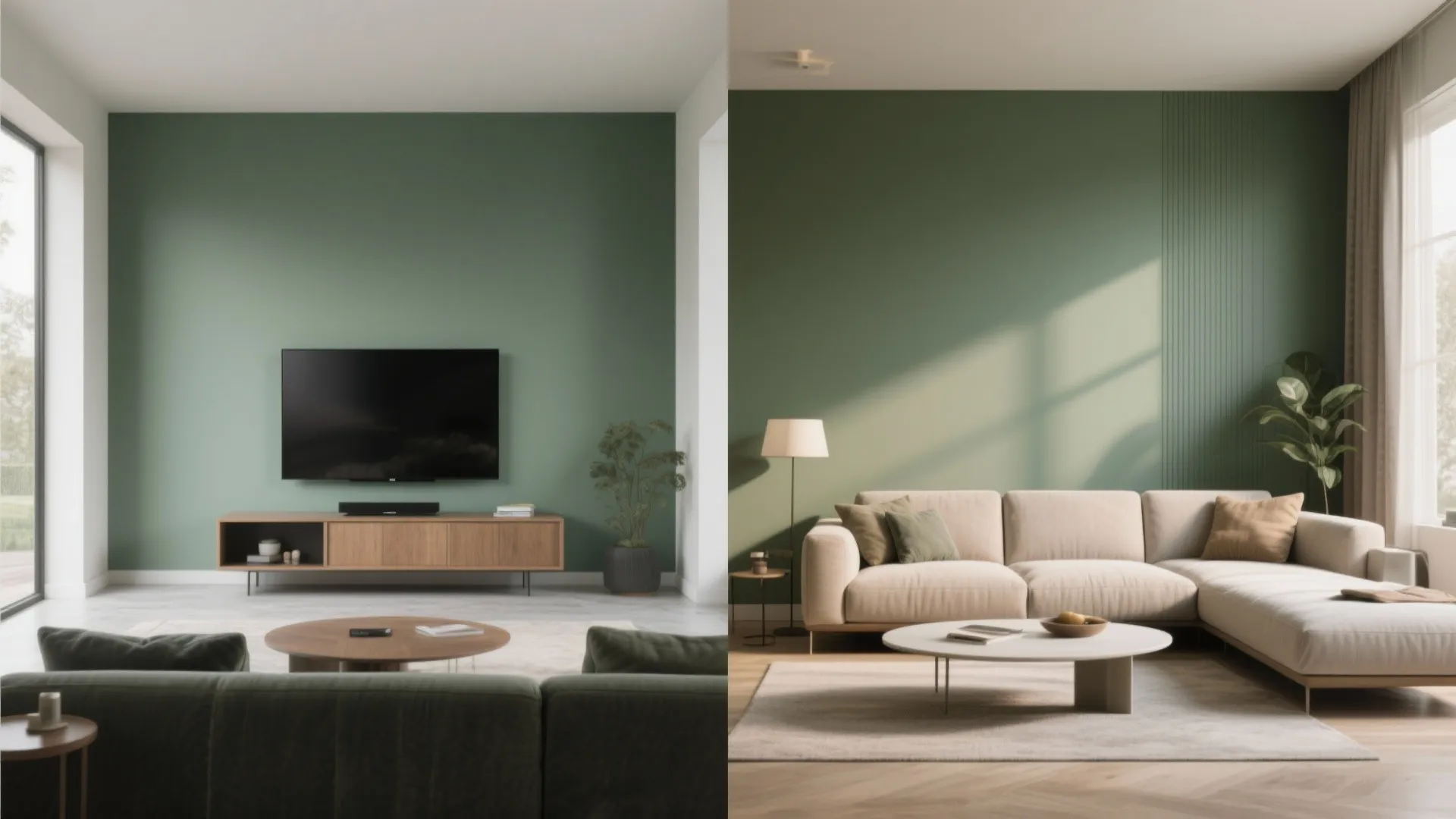 Split view comparing accent wall behind TV vs behind sofa to show placement impact.