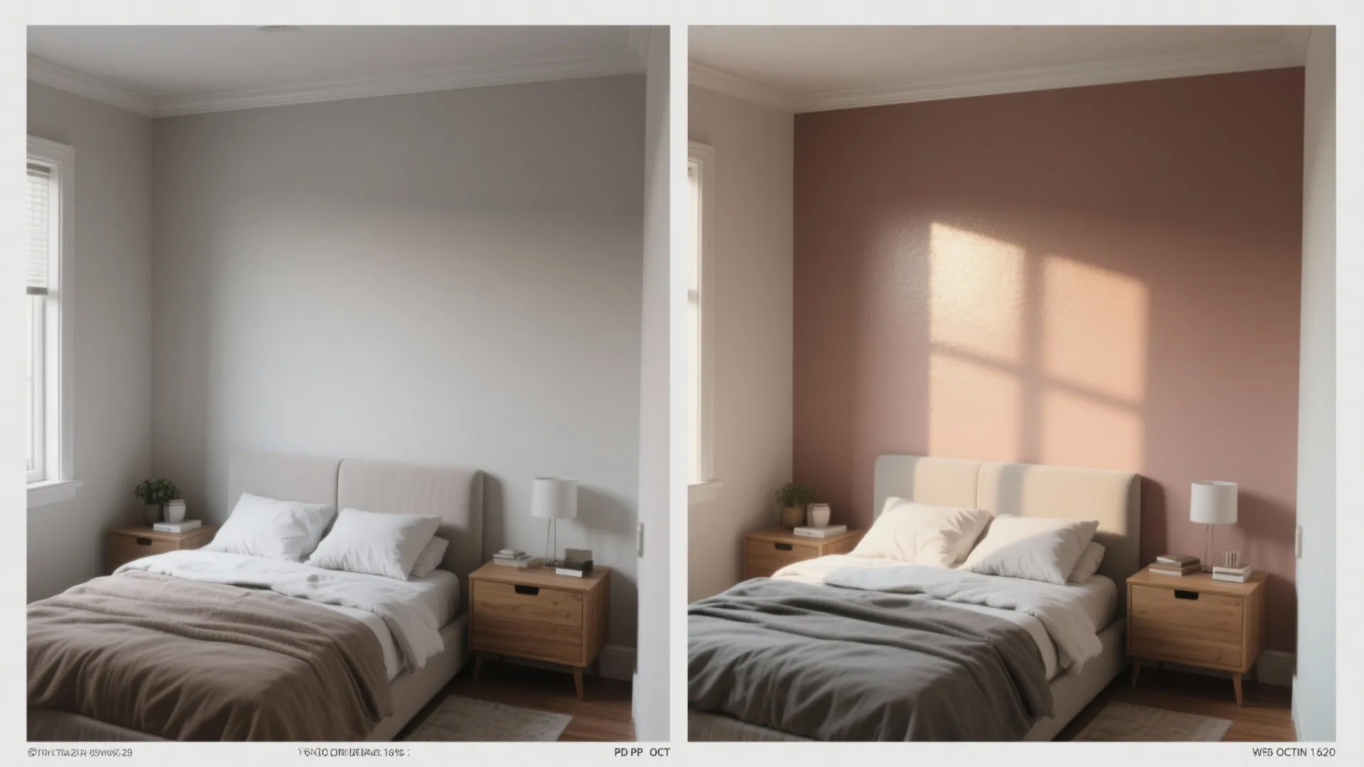 Before and after comparison showing a plain white wall versus a dusty pink accent wall
