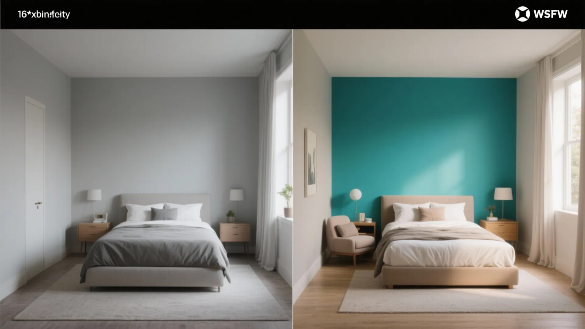 Before and after comparison of a bedroom showing a plain grey wall versus teal accent wall