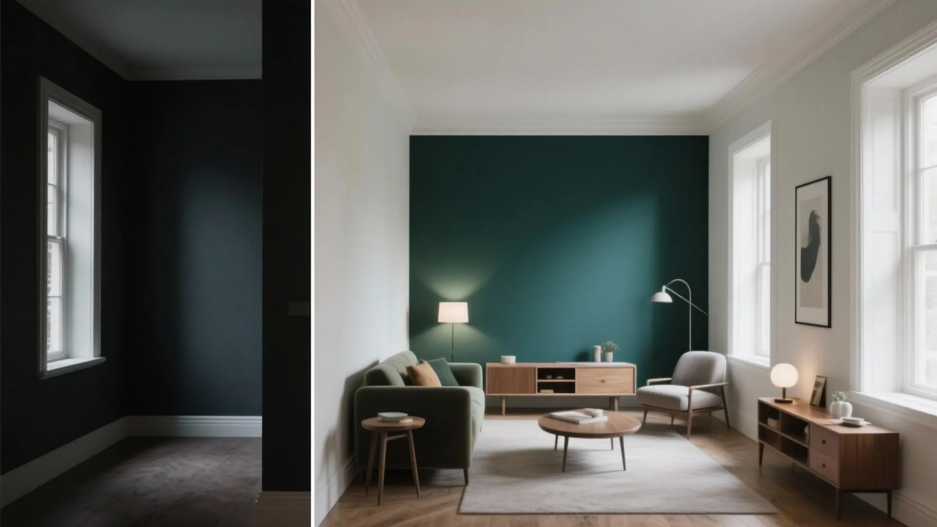 Before-and-after comparison: all-dark room versus room with a single deep accent wall and light surrounding walls.